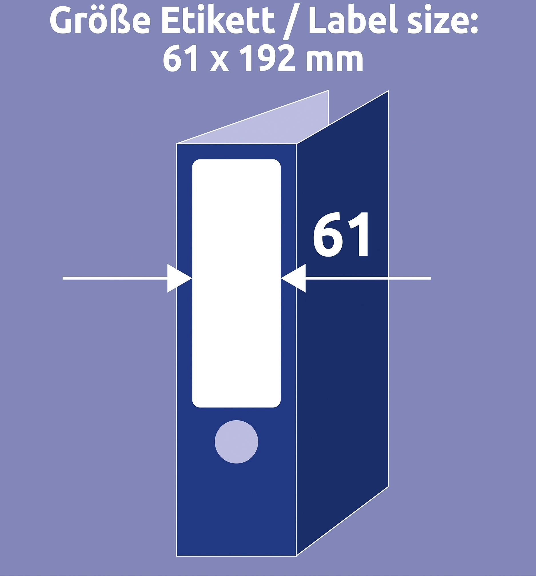 Ein blaues Etikett mit der Nummer 61 und weißem Text oben. Die Abmessungen sind 61 x 192 mm.