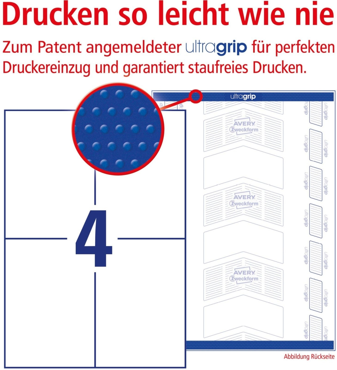 Das Bild zeigt ein Etikettenblatt mit einem vergrößerten blauen, strukturierten Bereich. Text enthält 'ultragrip' und 'AVERY Zweckform'.