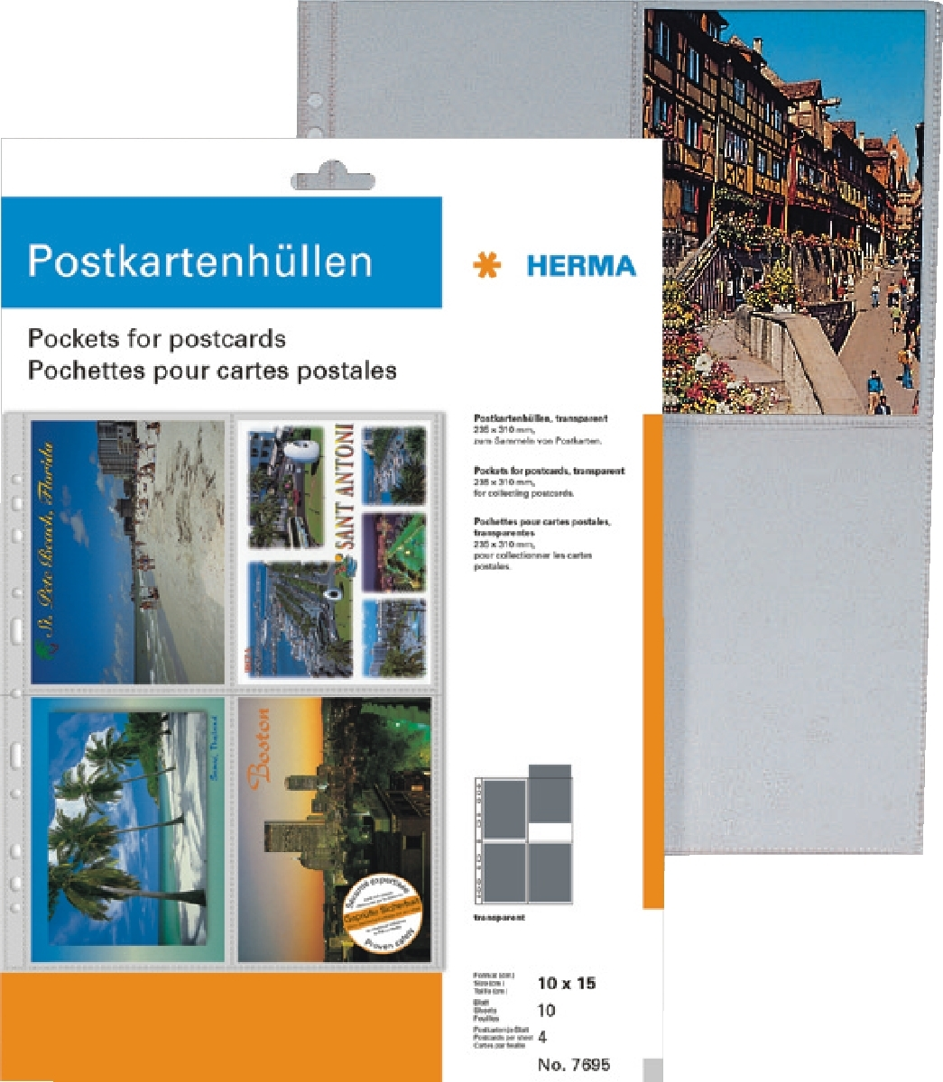 Ein Postkartenhalter mit Postkarten von Stränden und Städten. Text auf Deutsch, Englisch und Französisch. Enthält HERMA-Logo und Produktdetails.