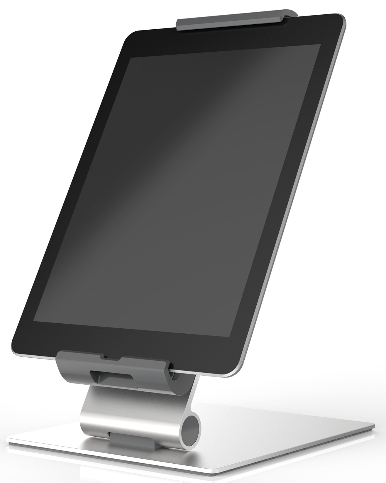 Ein silberner Tablet-Ständer mit einem schwarzen Tablet darauf. Das Tablet ist nach oben abgewinkelt. Der Ständer hat eine rechteckige Basis.