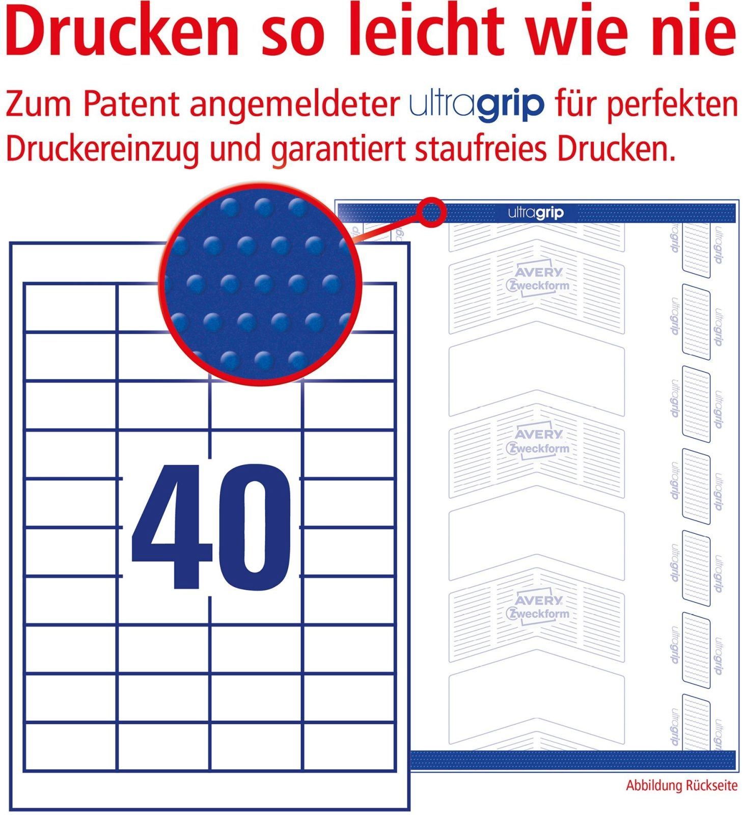 Etikettenbogen mit '40' in der Mitte. Ein blauer Kreis zeigt strukturierte Punkte. Text auf Deutsch erwähnt 'ultragrip'.