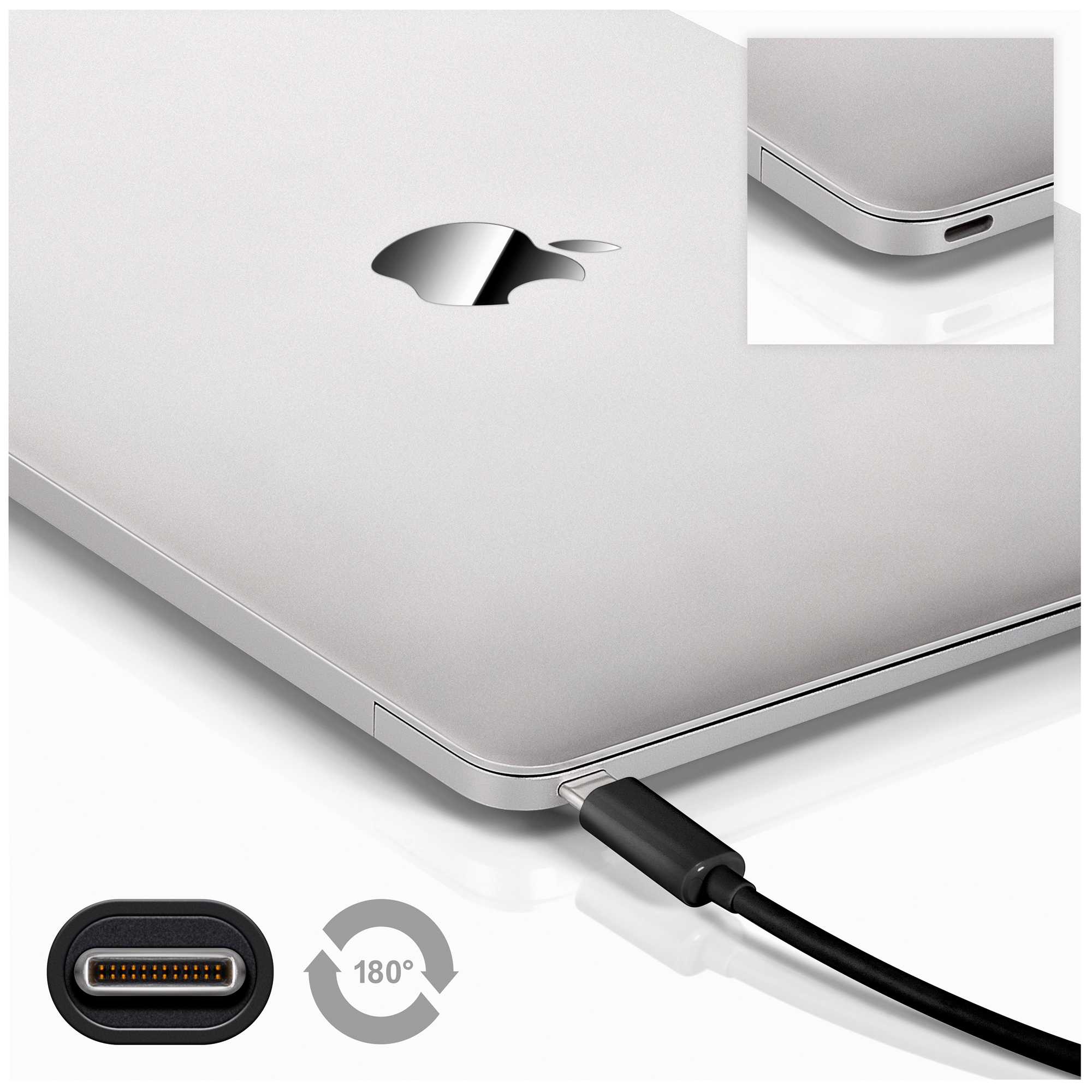 Zilveren MacBook met zwarte oplaadkabel aangesloten. Apple-logo zichtbaar. Extra beelden tonen close-ups.