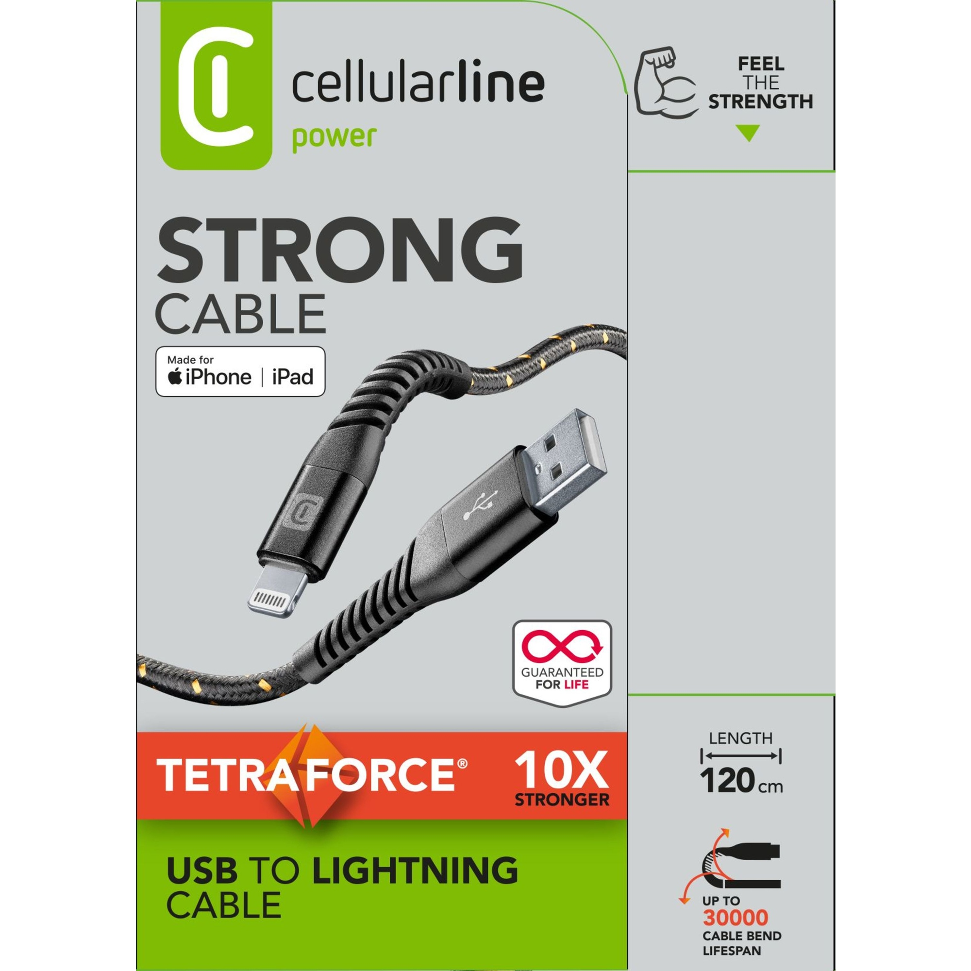Cable USB a Lightning negro en un embalaje de producto. Incluye la marca cellularline, Tetra Force y especificaciones del cable.