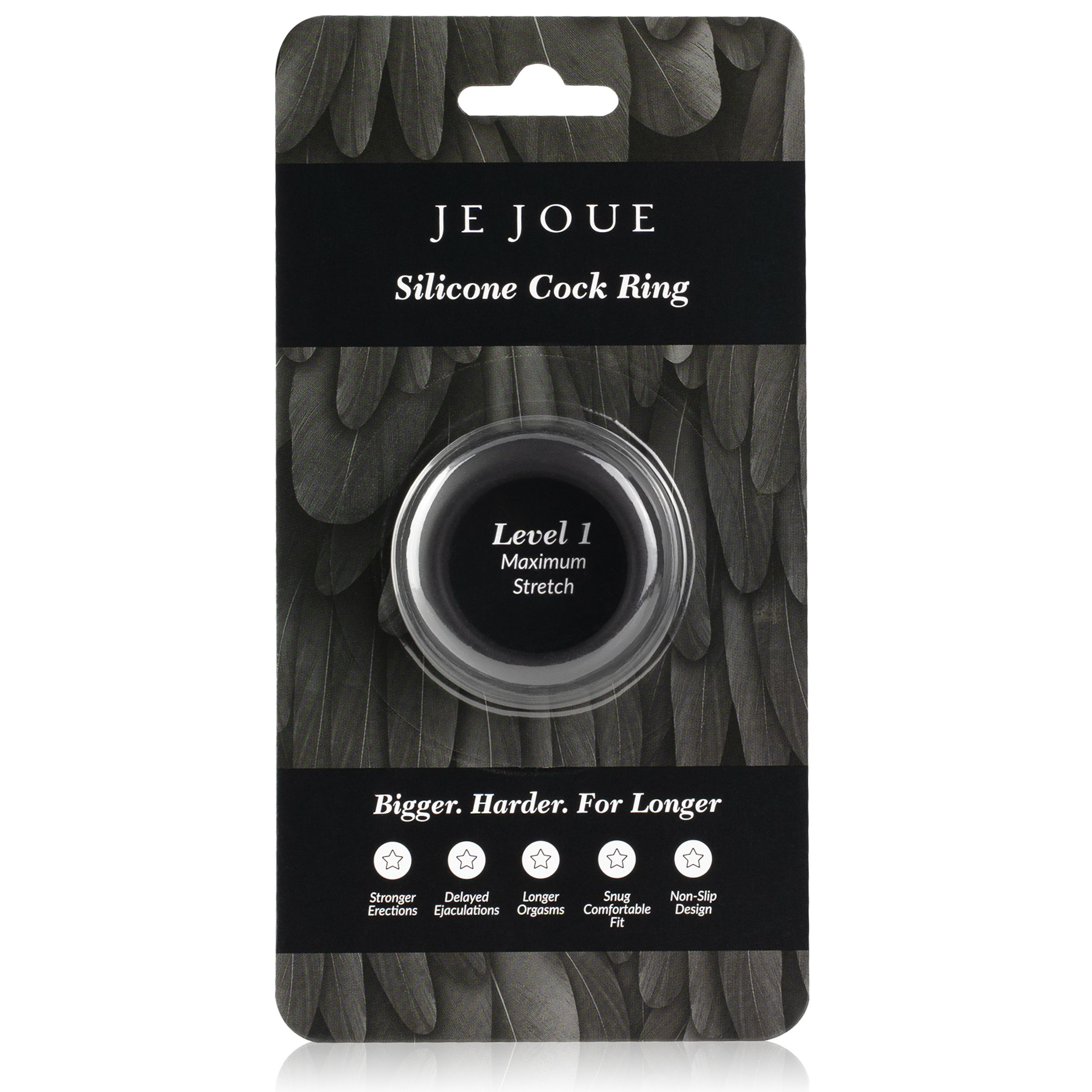 Embalaje de producto para un anillo de silicona para el pene. Texto: Je Joue, Silicone Cock Ring, Level 1 y Bigger, Harder, For Longer.