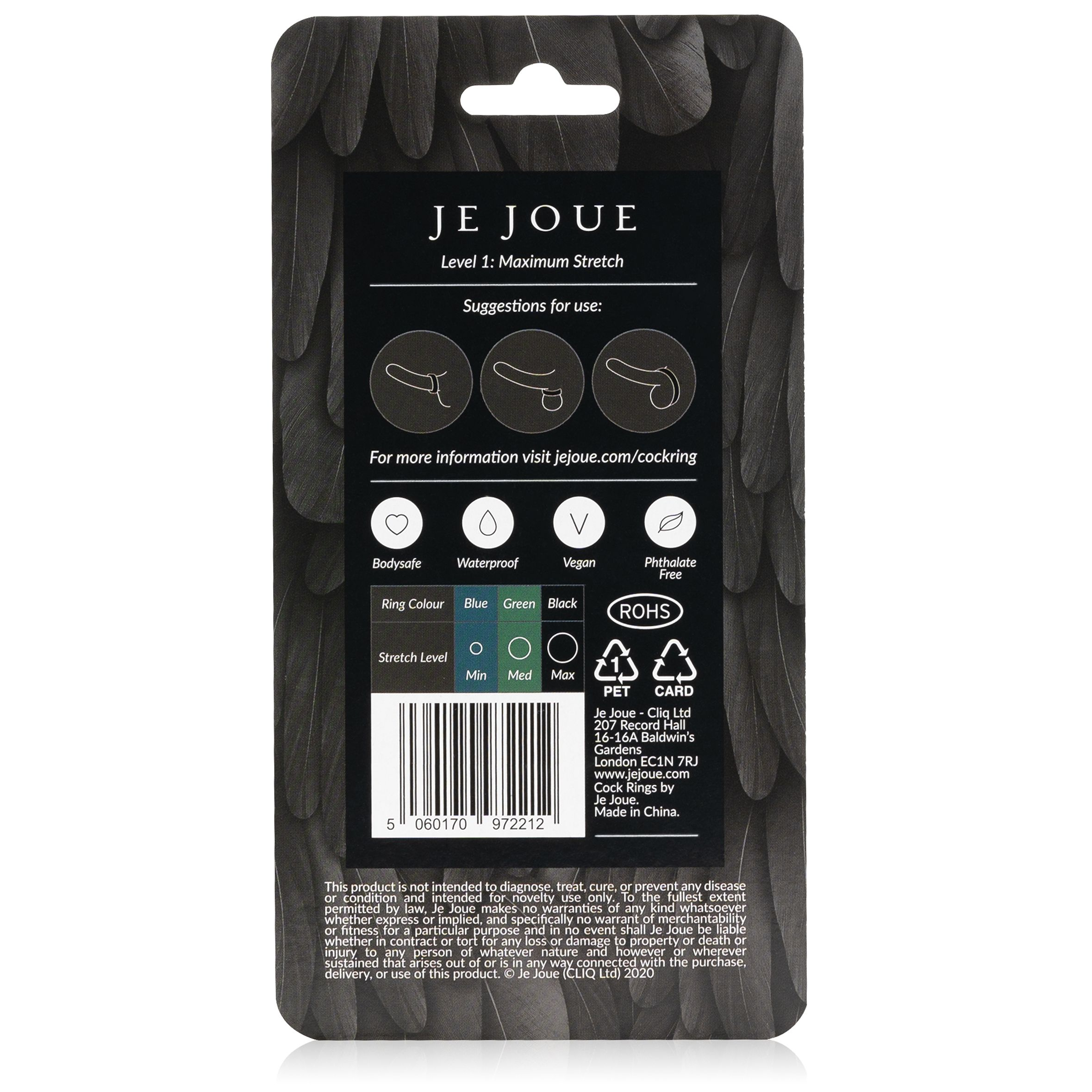 Embalaje negro del producto con texto y diagramas relacionados con un anillo para el pene, incluyendo sugerencias de uso y detalles.