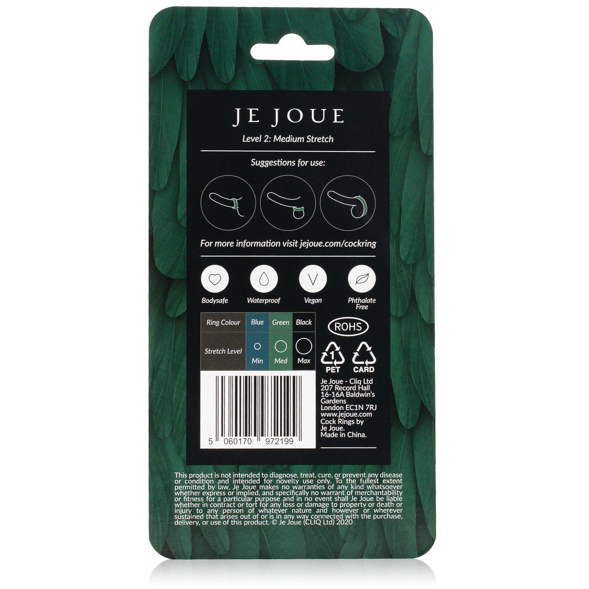Embalaje de producto verde y negro para un anillo para el pene, con texto y diagramas. El fondo tiene un patrón similar a plumas.