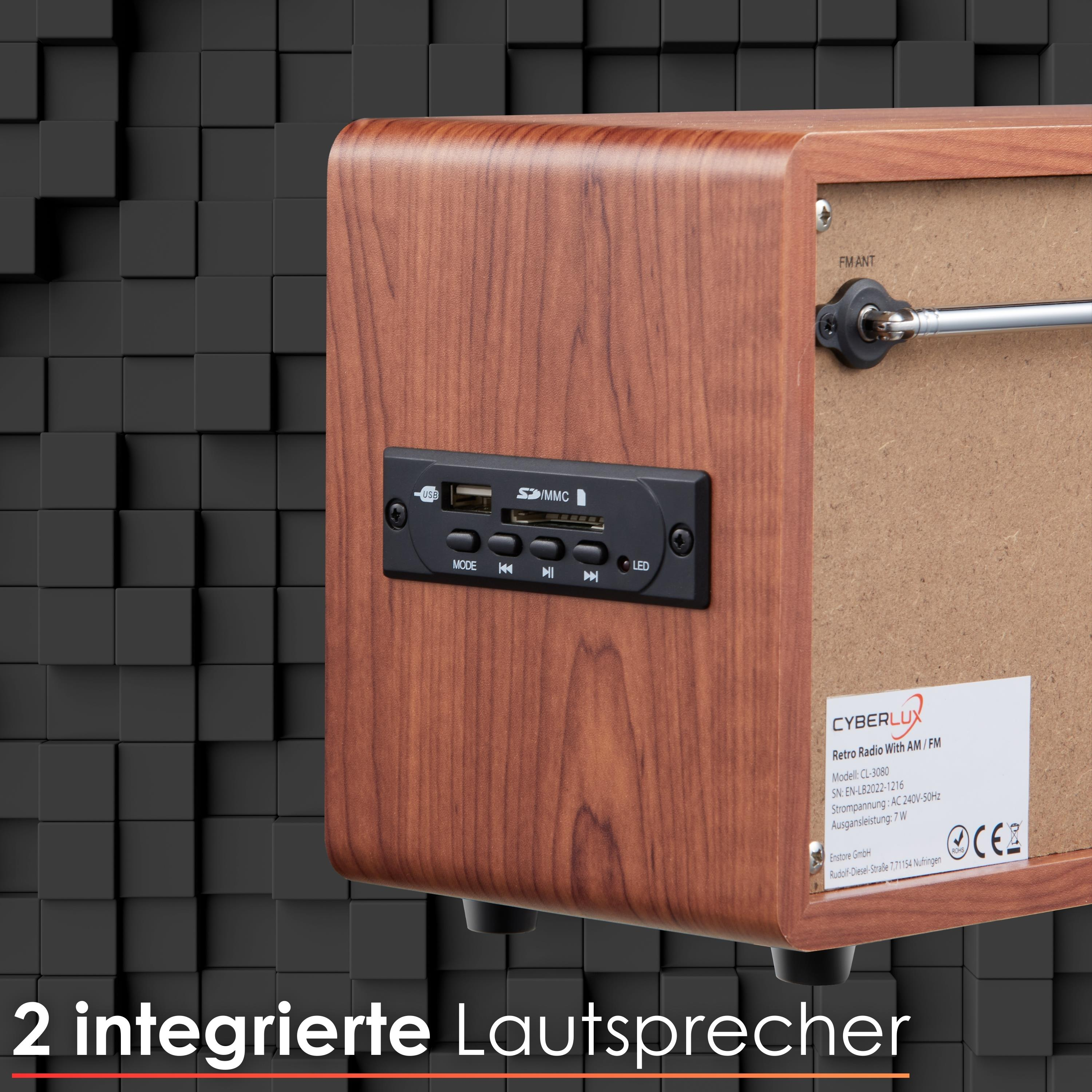 Ein Retro-Radio aus Holz mit schwarzem Bedienfeld. Der Hintergrund ist ein Muster aus schwarzen Würfeln.
