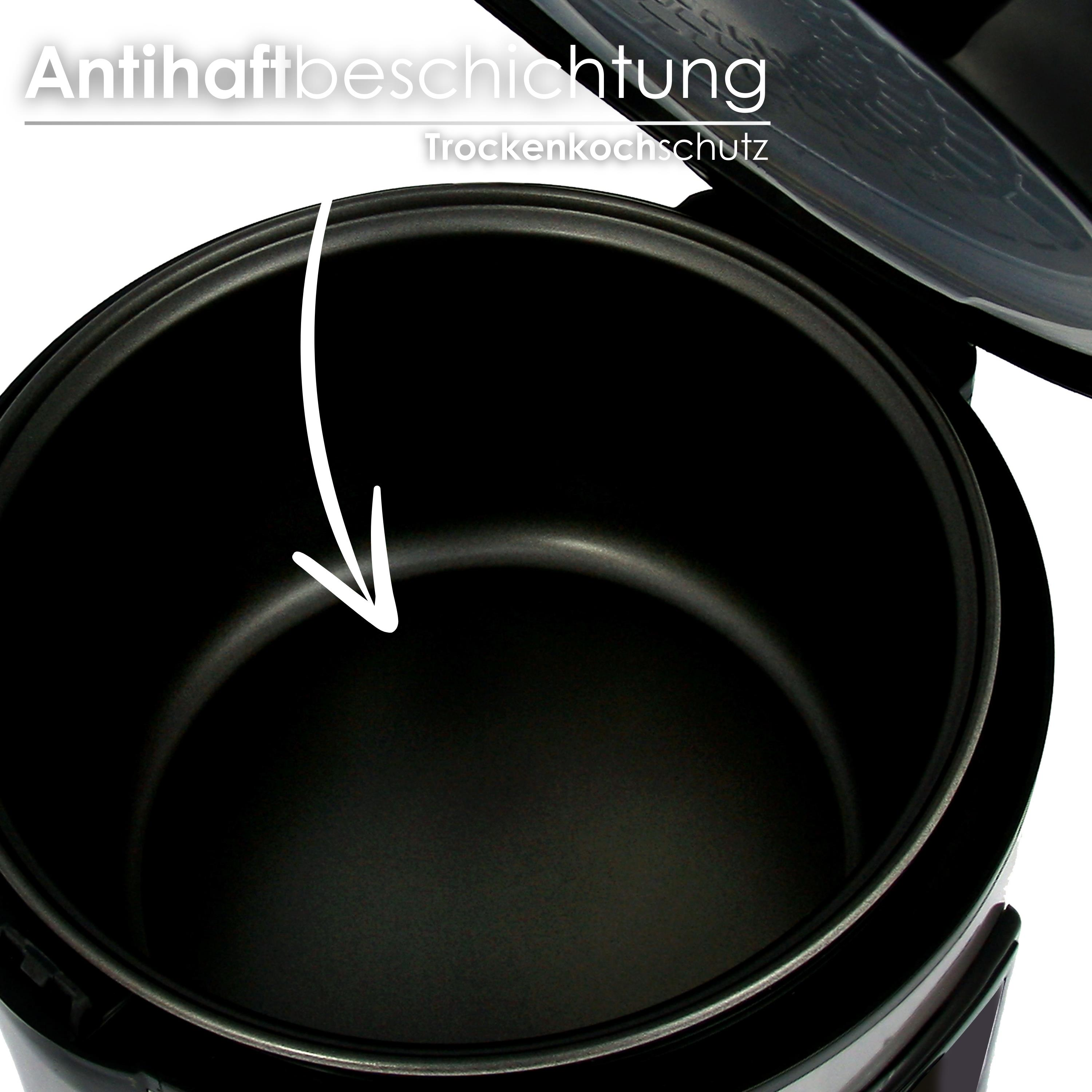 Innerhalb eines schwarzen Kochtopfes mit einem weißen Pfeil, der nach unten zeigt. Deutscher Text ist oben sichtbar.