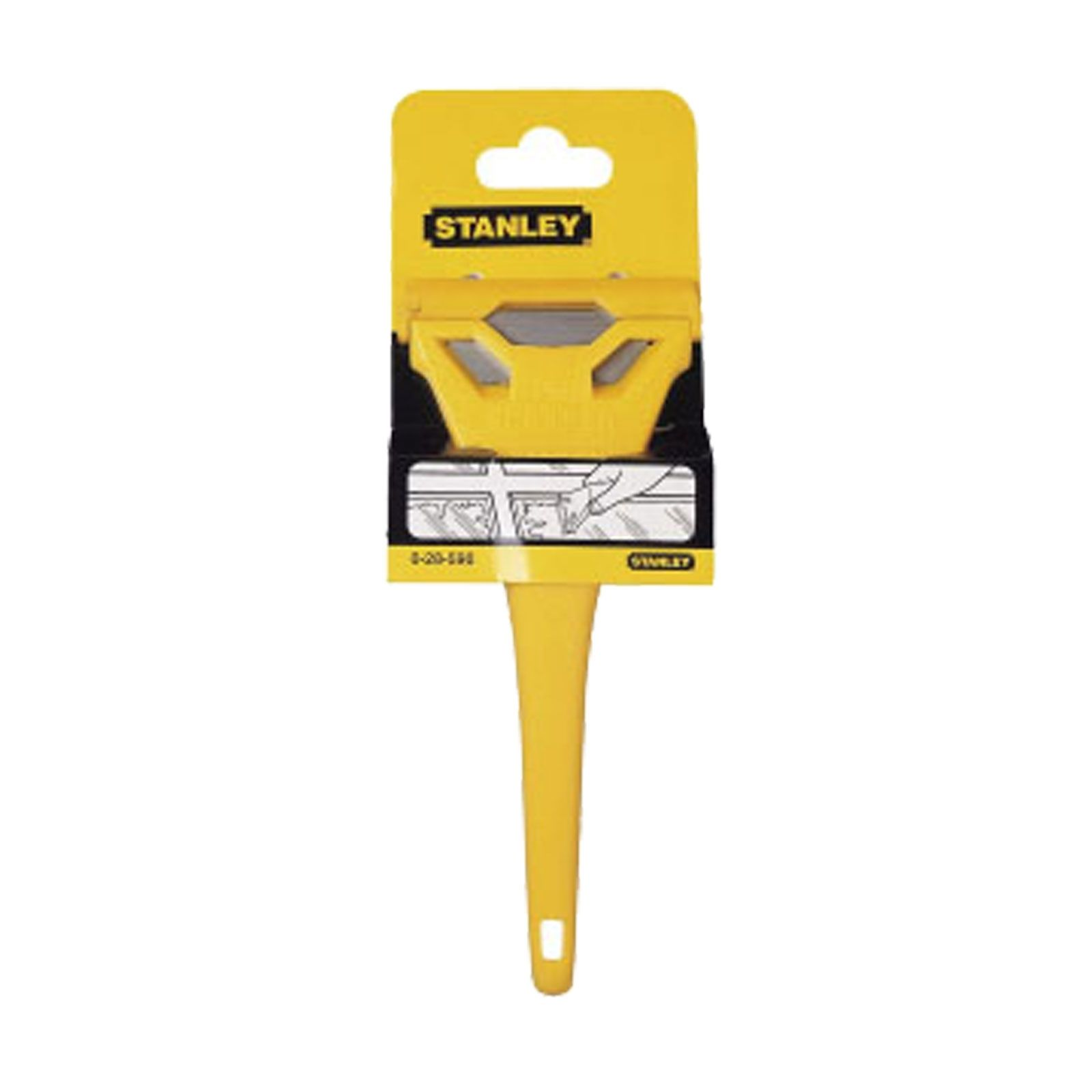 Ein gelber Stanley-Fensterschaber an einem gelben Griff, verpackt auf einer gelben und schwarzen Karte, vor weißem Hintergrund.
