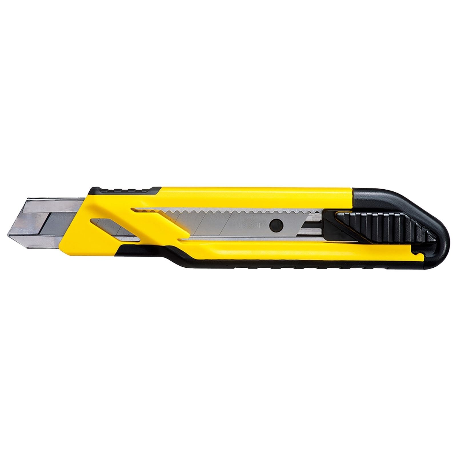 Ein gelbes und schwarzes Teppichmesser mit silberner Klinge liegt horizontal vor weißem Hintergrund.
