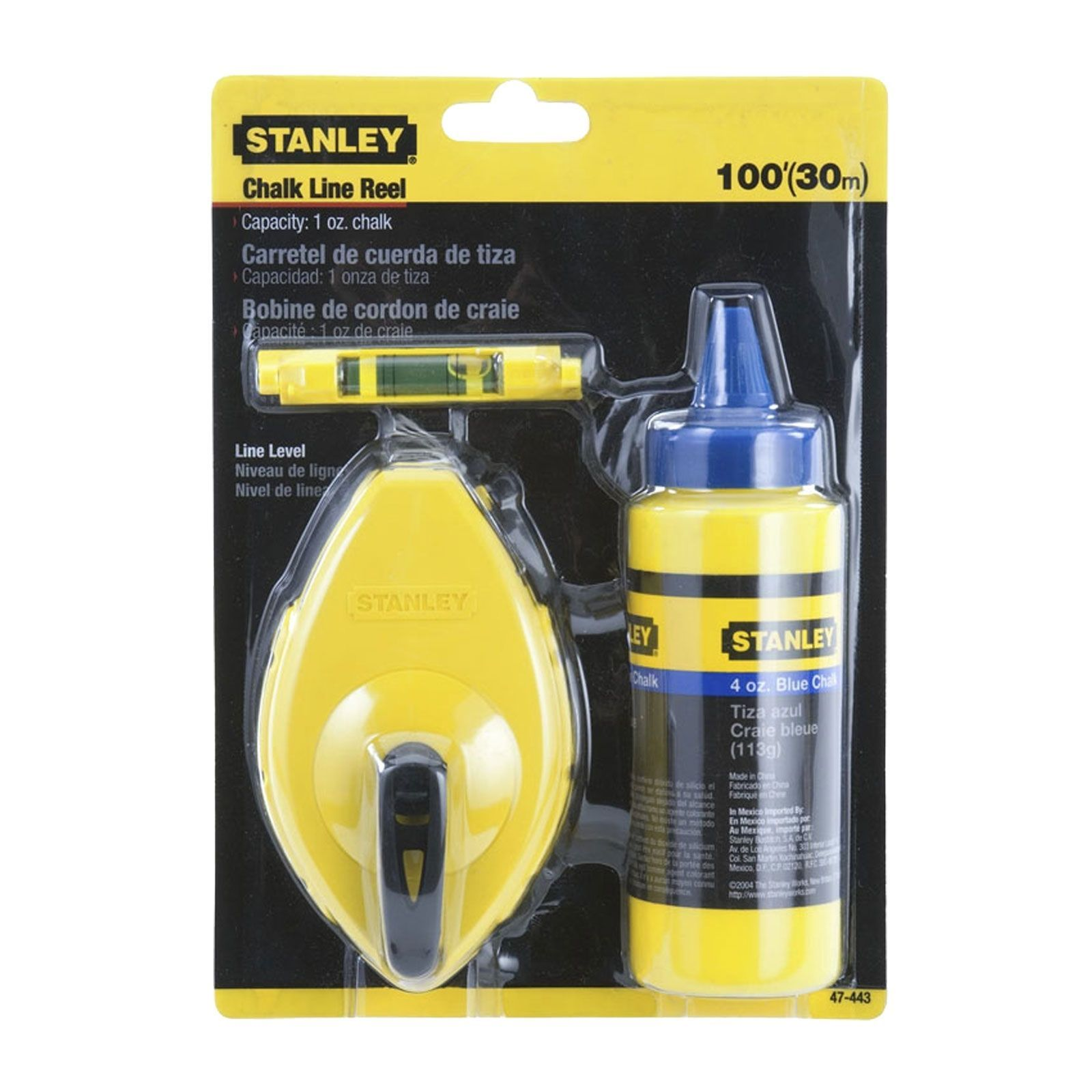 Ein Stanley-Kreidelinienrollen-Kit auf einer gelb-schwarzen Karte. Enthält eine Kreidelinienrolle, eine Wasserwaage und blaue Kreide.