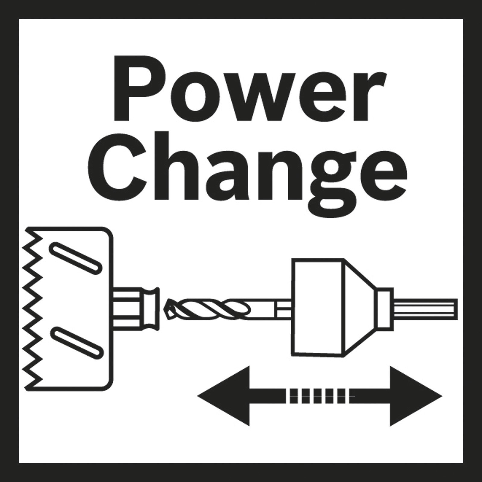 Schwarz-weiße Grafik mit Text Power Change. Zeigt Bohrer und ein Sägeblatt mit Pfeilen, die die Montage anzeigen.