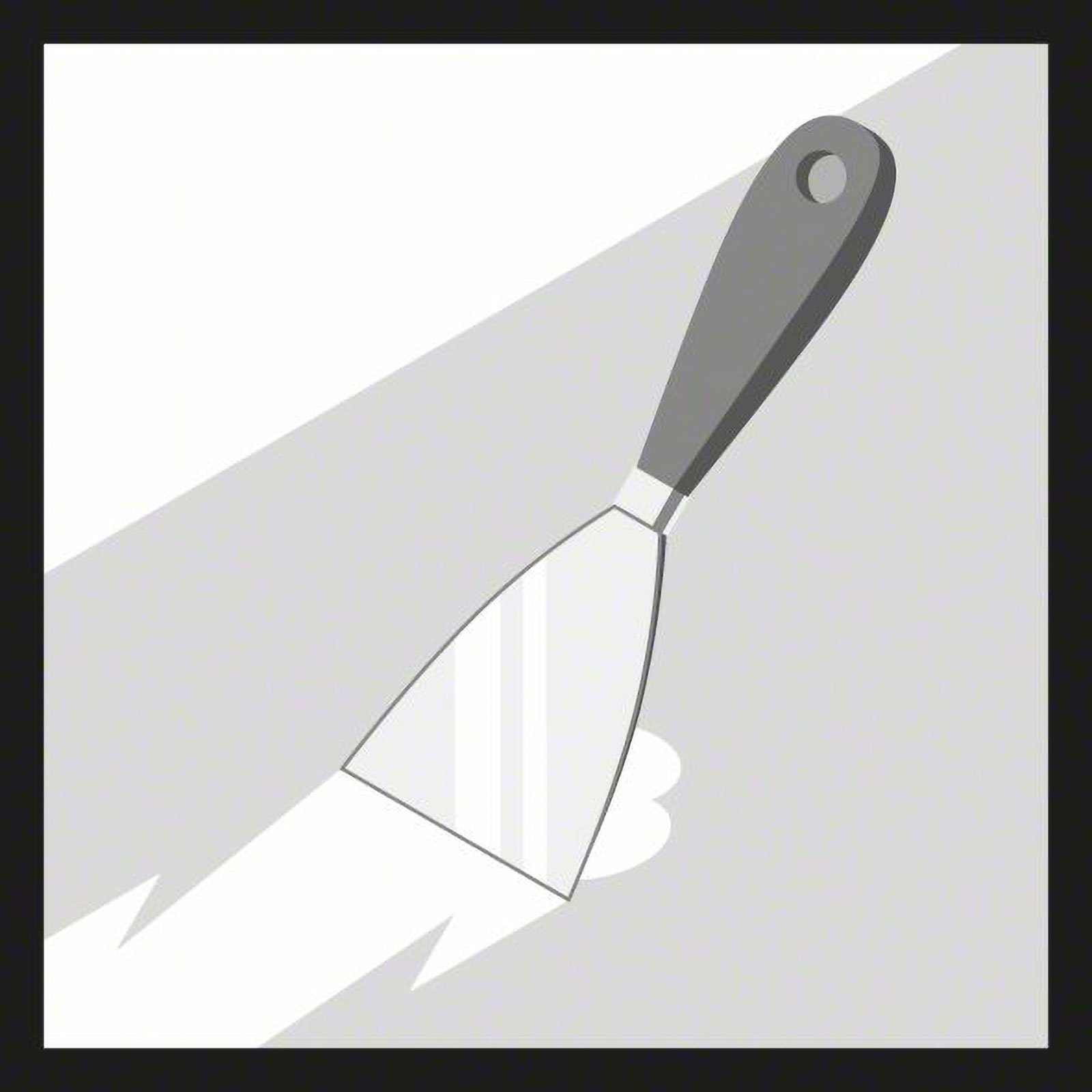 Illustrazione di una spatola. Ha un manico grigio e una lama argentata. Un'ombra è proiettata sullo sfondo.
