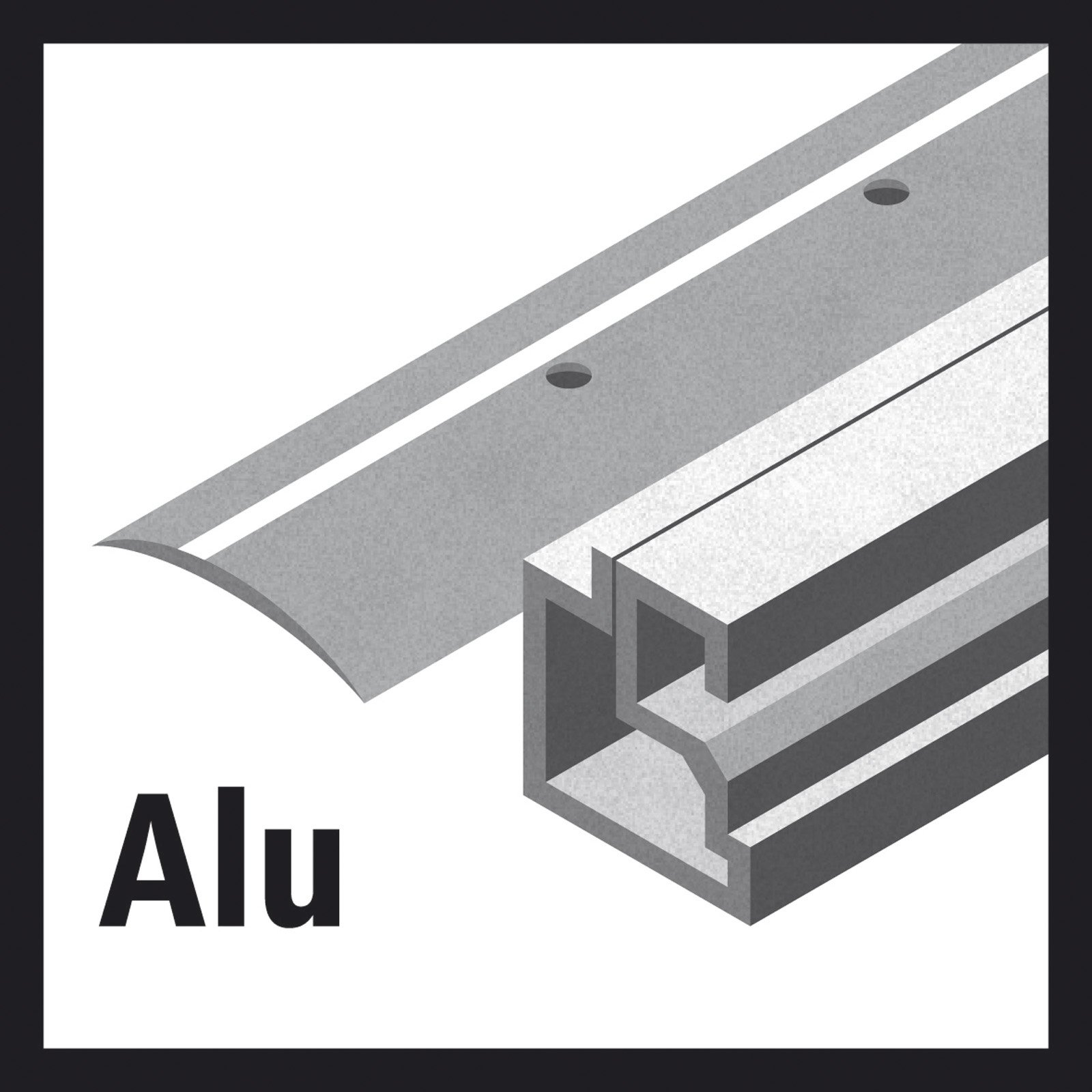 L'immagine mostra un profilo in alluminio con la parola "Alu". Il profilo ha una superficie grigia con linee bianche e una sezione trasversale.