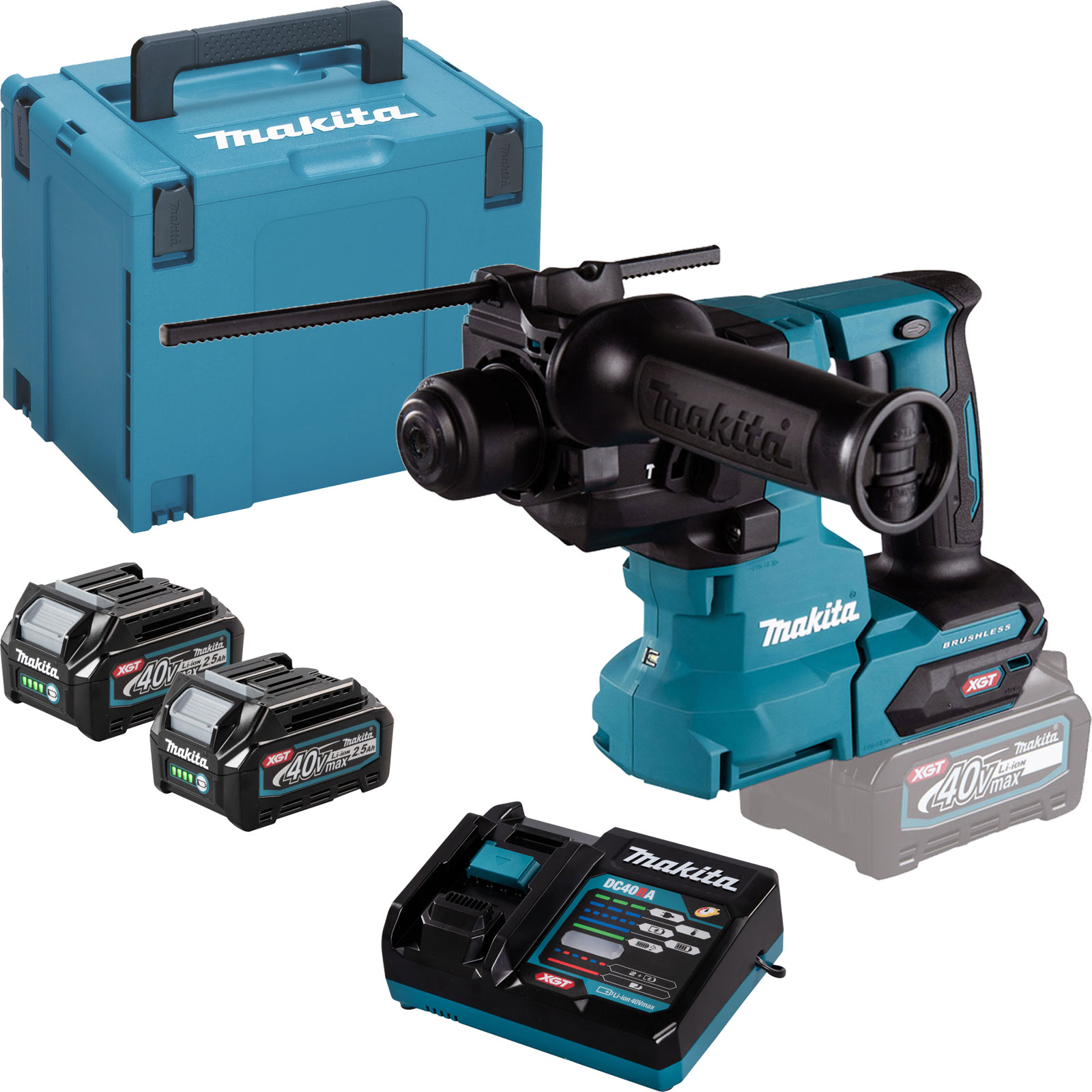Ein Makita-Werkzeugsatz. Er enthält einen teal Bohrer, Batterien, ein Ladegerät und einen teal Tragekoffer.