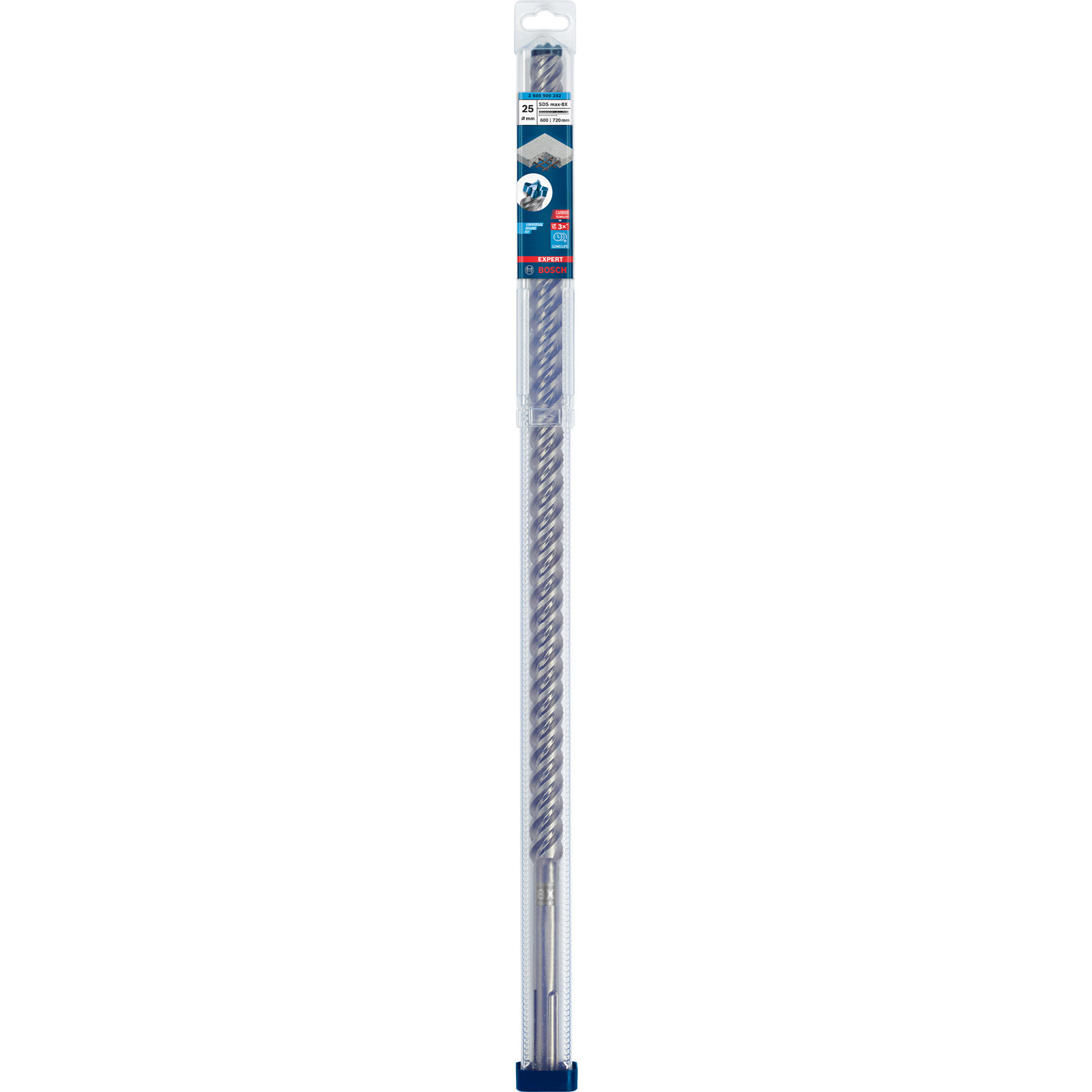 A long drill bit in a clear plastic case. The drill bit is silver with a spiral design. The packaging has blue and white labels.