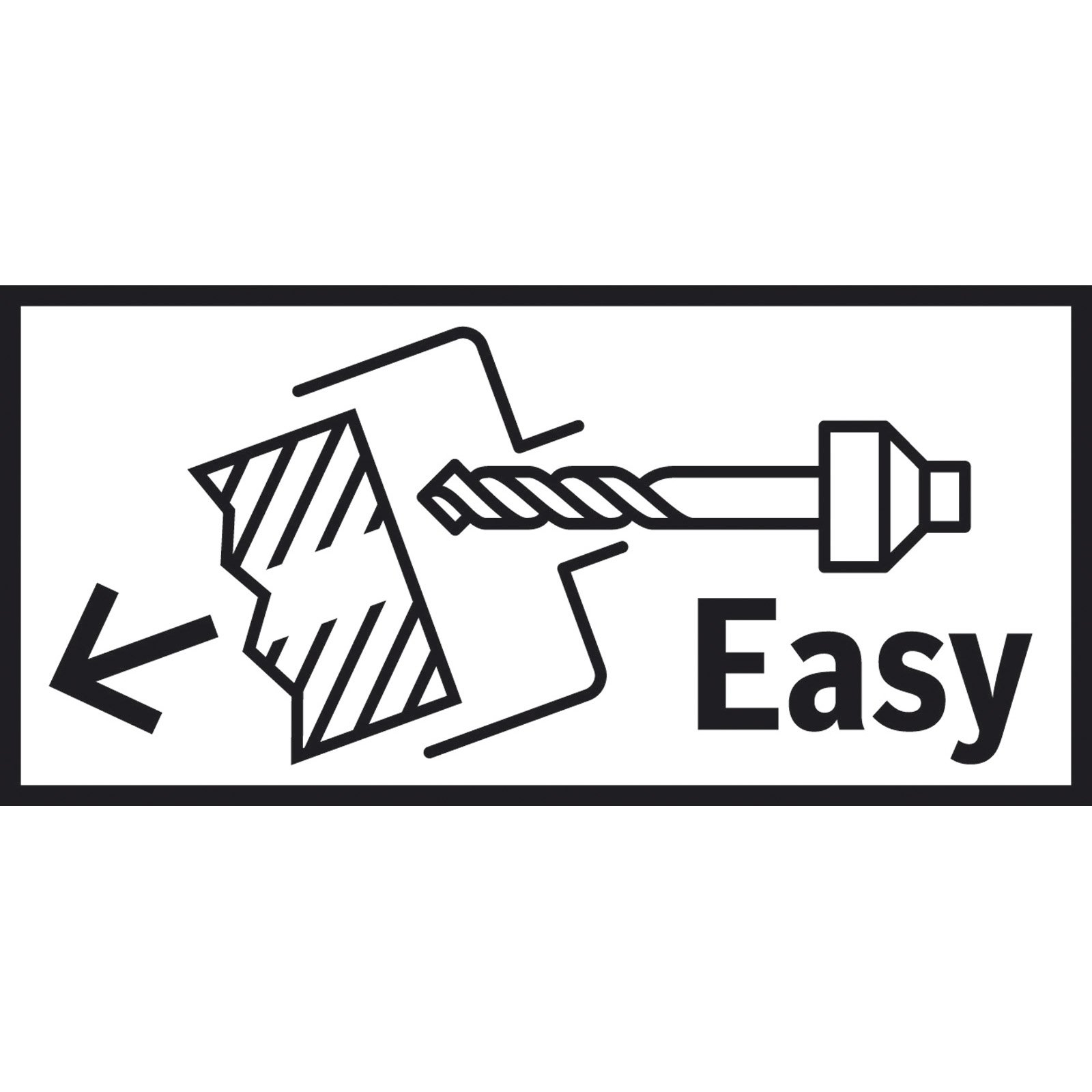Illustrazione in bianco e nero che mostra una punta di trapano che penetra in un blocco, con una freccia che indica la direzione. La parola 'Easy'.