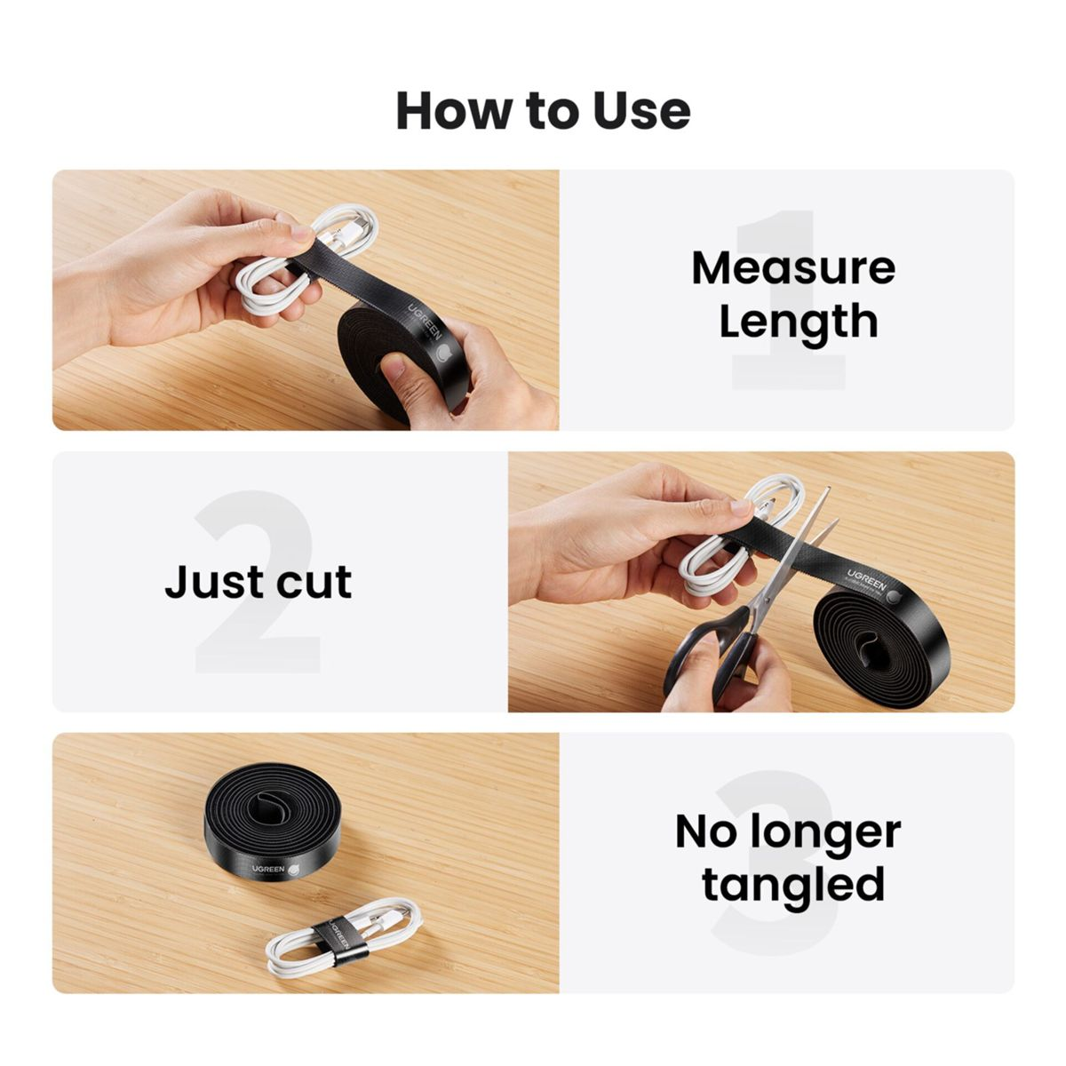 Instrukcje dotyczące zarządzania kablami. Zmierz, przytnij i zabezpiecz kable czarną opaską UGREEN, aby uniknąć plątania się. Tło to drewniany stół.