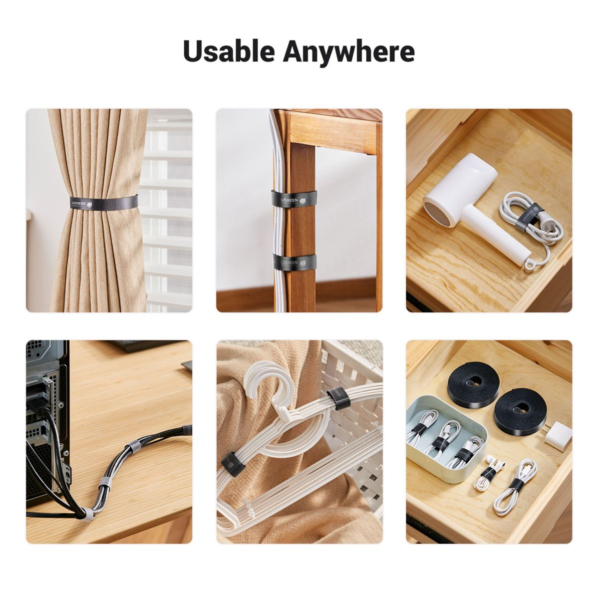 Zdjęcia produktów pokazują czarne opaski kablowe w użyciu: na zasłonach, nogach krzeseł, w szufladach, z kablami komputerowymi, wieszakami i innymi przedmiotami.