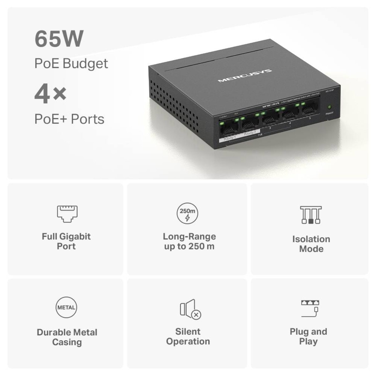 Siyah bir Mercusys ağ anahtarı, bağlantı noktaları, güç düğmesi ve özellik simgeleri: Gigabit bağlantı noktası, uzun menzil, izolasyon, dayanıklı kasa, sessiz, tak ve çalıştır.