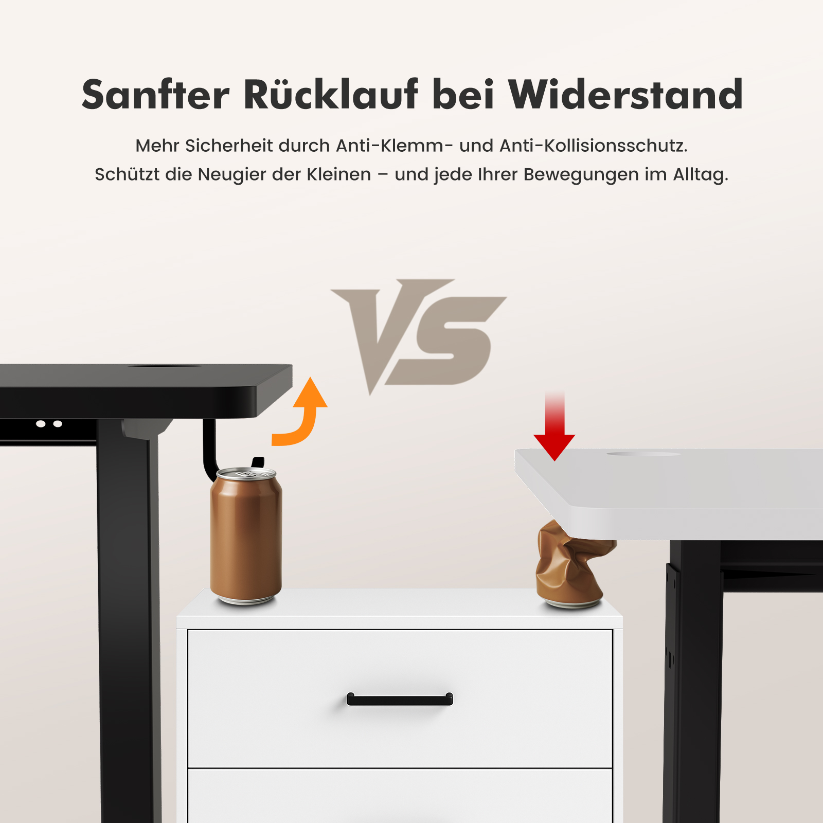 Bild zeigt einen Schreibtisch mit einer braunen Dose darunter und einer zerdrückten Dose, die Anti-Kollisions-Funktionen demonstriert.