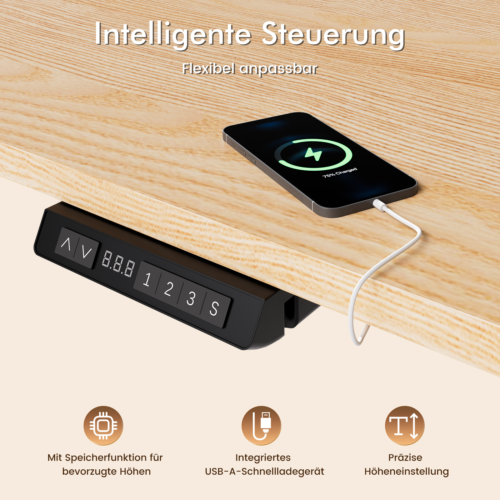 Schwarzes Schreibtisch-Bedienfeld mit Tasten und ein ladendes Telefon auf Holz. Text sagt 'Intelligente Steuerung'.