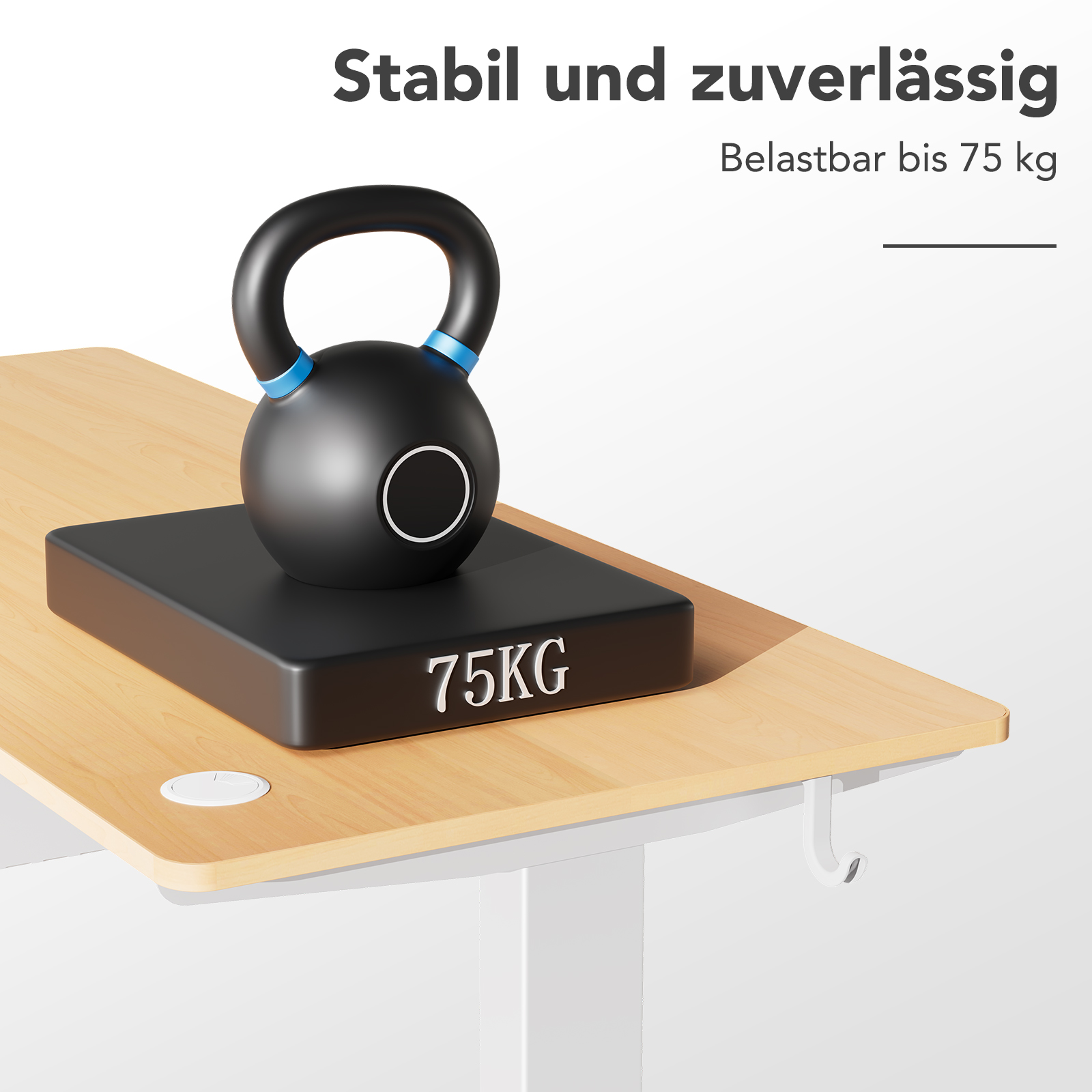 Schwarze Kettlebell auf schwarzer Basis mit 75 kg, auf einem hellen Holztisch. Text: 'Stabil und zuverlässig. Belastbar bis 75 kg'.