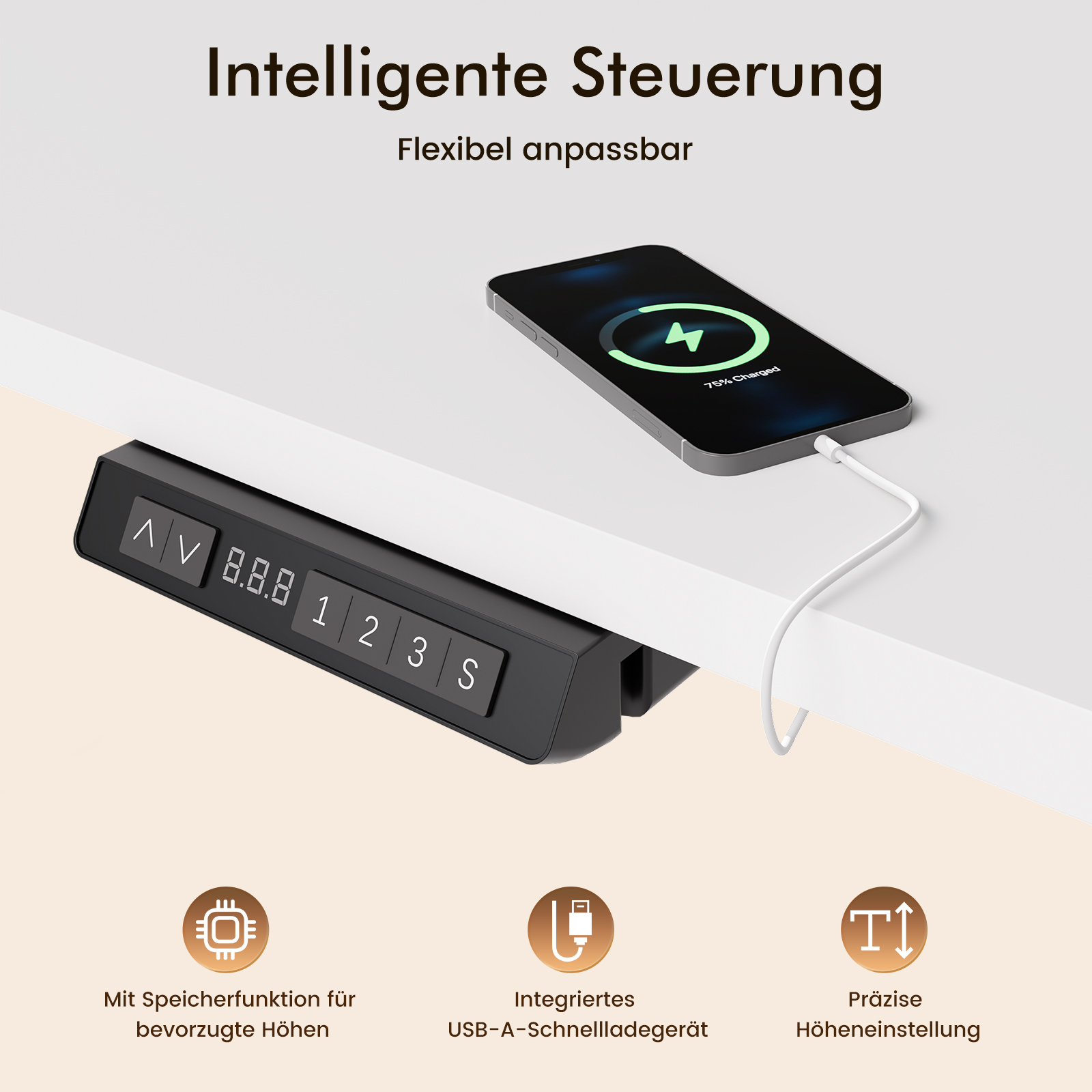 Ein schwarzes Schreibtisch-Bedienfeld mit Tasten, ein Telefon, das geladen wird, und Text auf Deutsch.