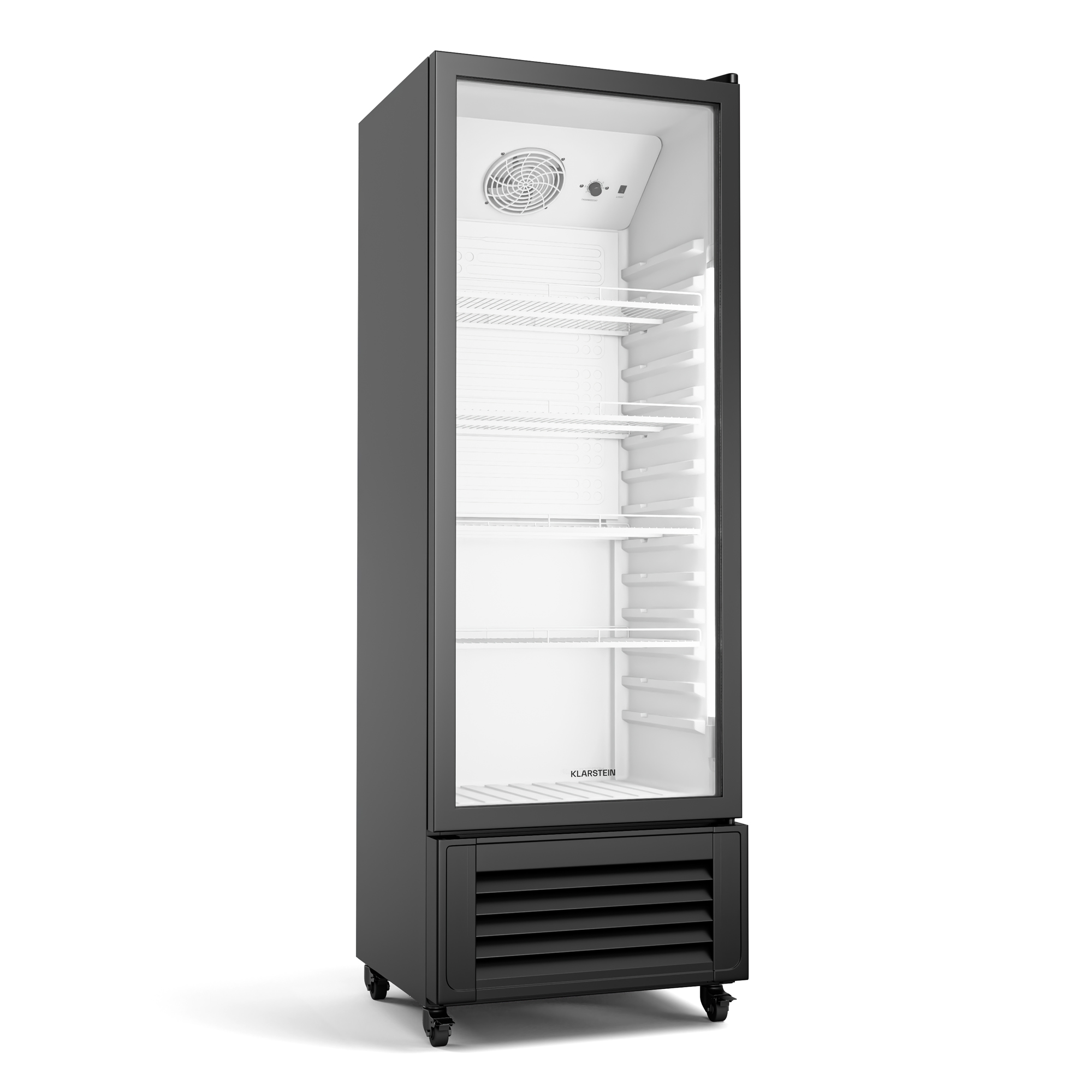 Schwarzer gewerblicher Kühlschrank mit Glastür, Regalen und Rädern. Er ist leer und hat einen Ventilator.