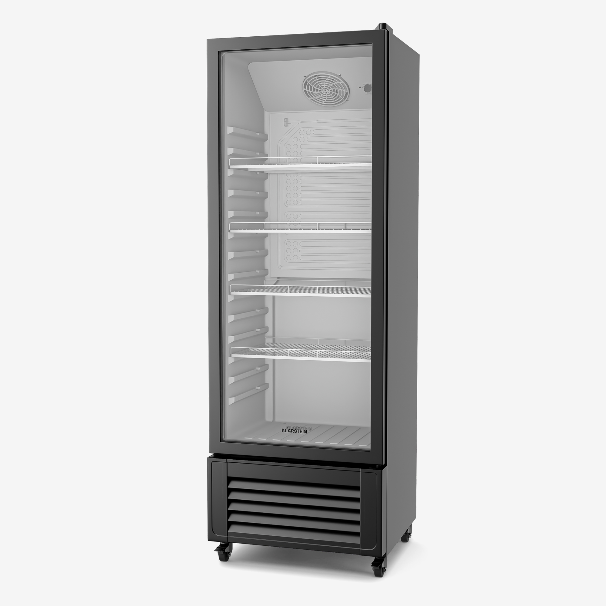 Ein schwarzer Gewerbekühlschrank mit Glastür, Regalen und Rädern. Mit Ventilator und der Marke 'Klarstein'.