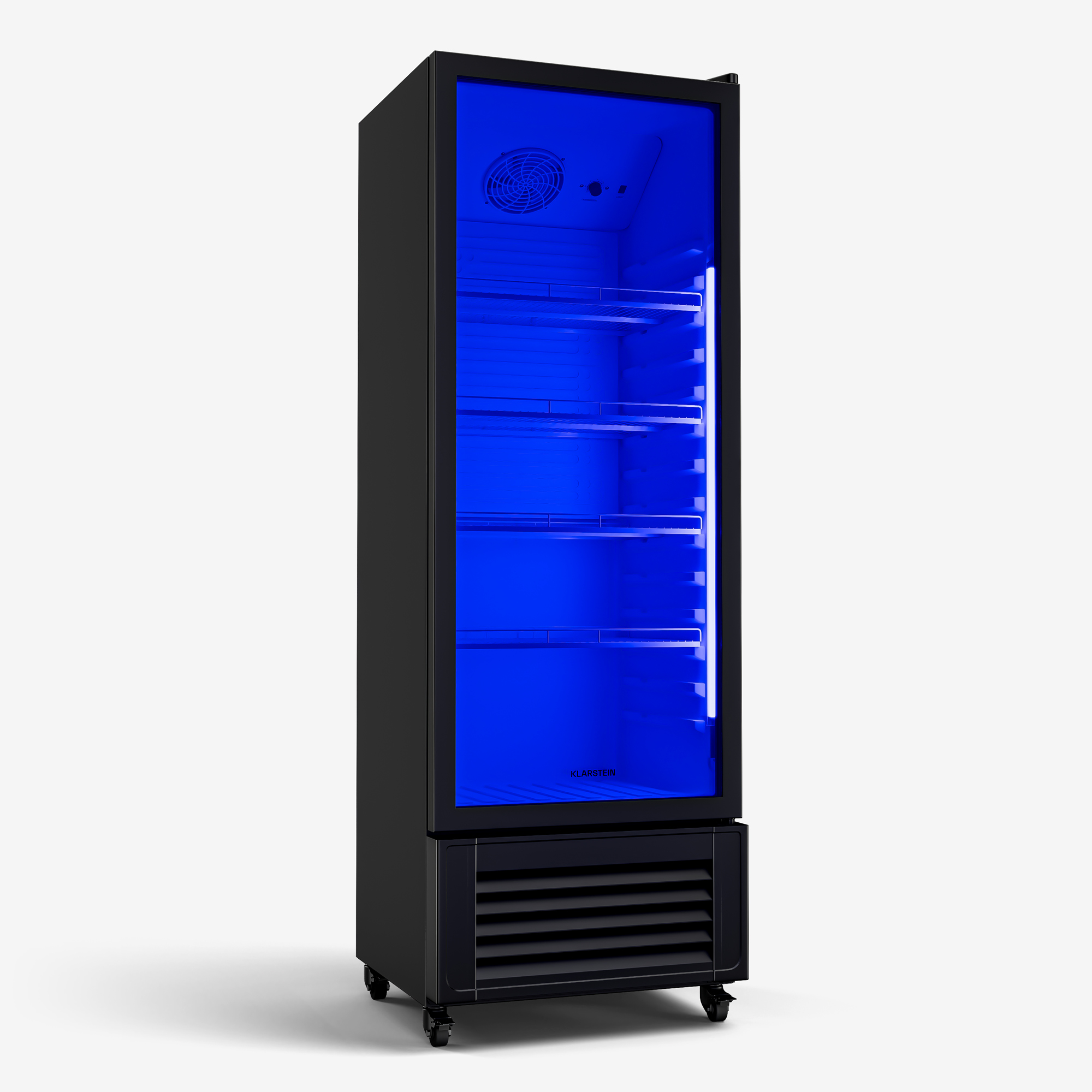 Ein hoher, schwarzer gewerblicher Kühlschrank mit blauem Innenraum. Er hat Glastüren, Regale und steht auf Rädern. Die Marke ist Klarstein.