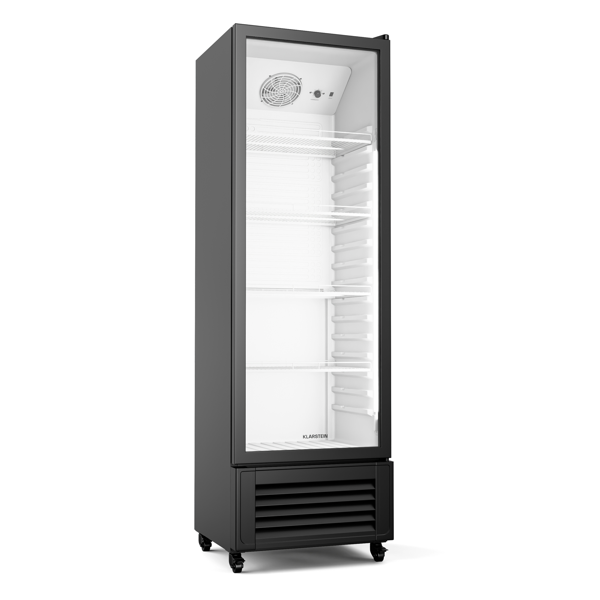 Ein hoher, schwarzer Gewerbekühlschrank mit Glastür und Regalen. Er hat Räder und einen Markennamen.