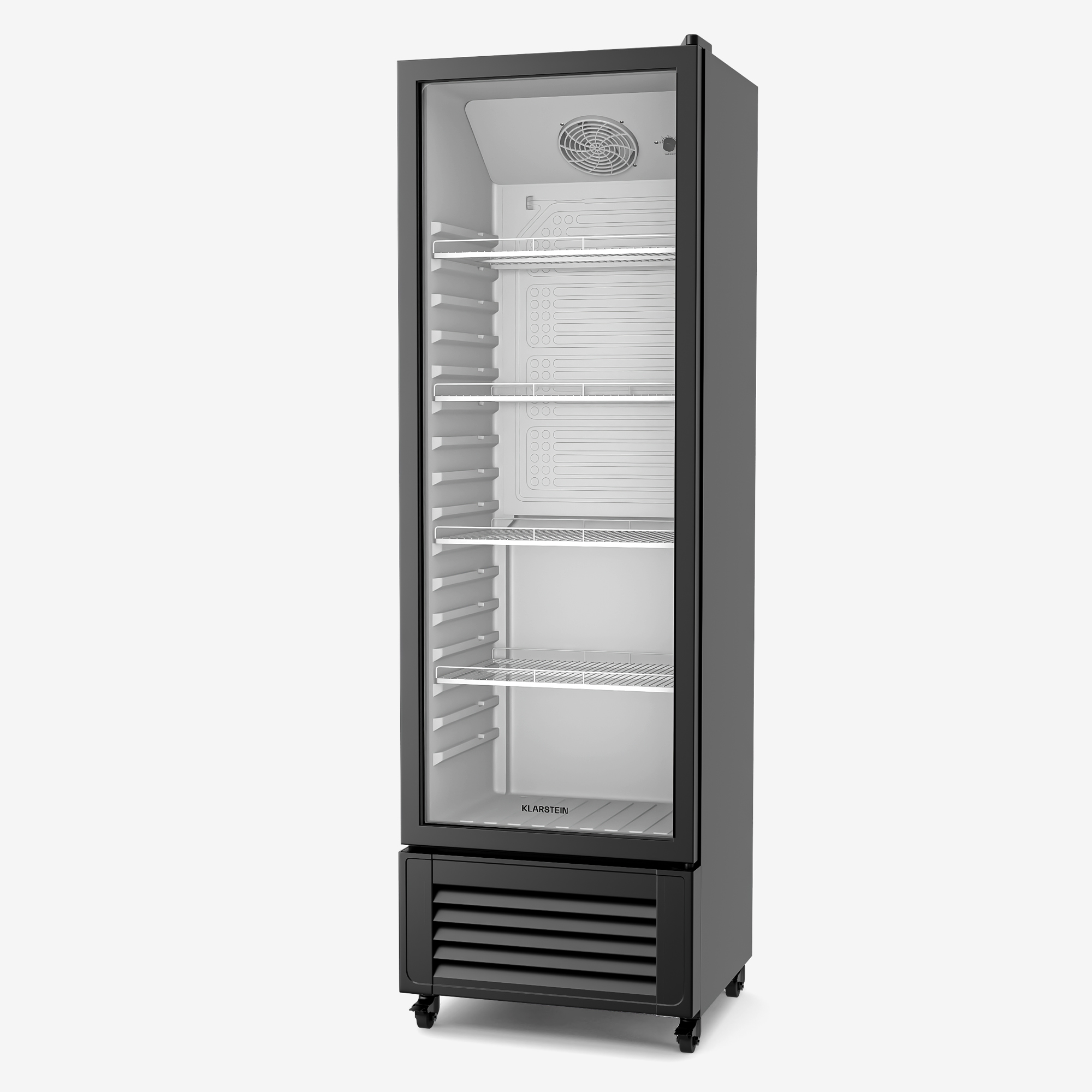 Ein hoher, schwarzer Gewerbekühlschrank mit Glastür, Regalen und einem Ventilator. Er hat Rollen und ein Lüftungsgitter.
