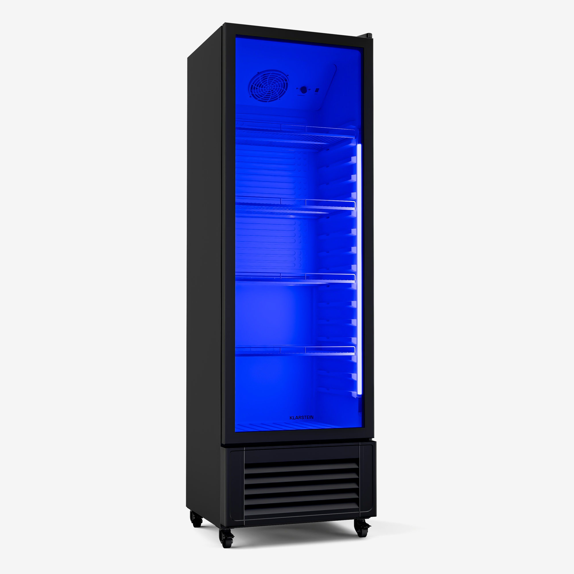 Ein schwarzer, aufrechter Kühlschrank mit Glastür und blauer Innenbeleuchtung. Der Markenname ist sichtbar. Er hat Regale und steht auf Rädern.