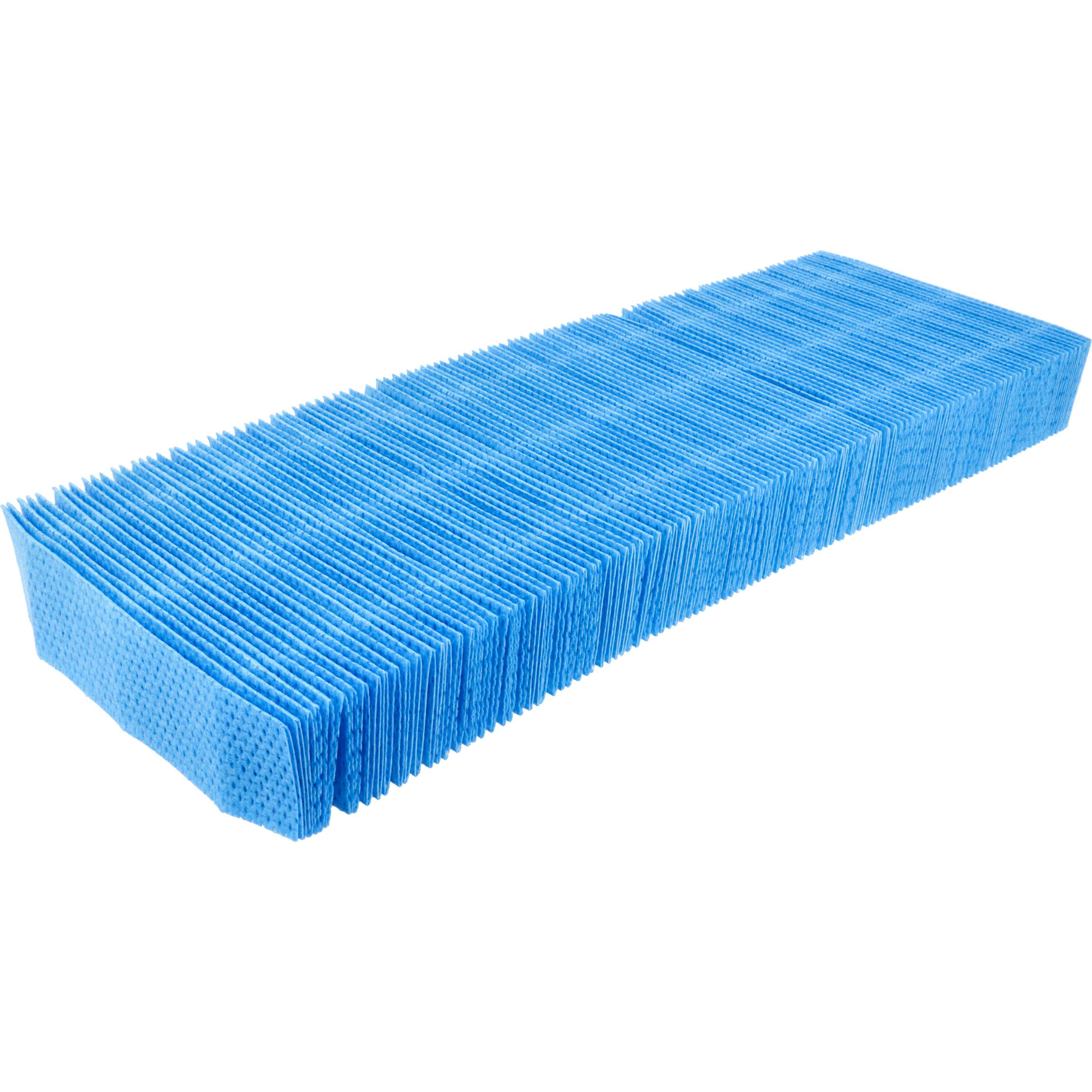 Ein rechteckiger, blauer Filter mit gerippter Textur. Er ist vor weißem Hintergrund und wirkt neu.