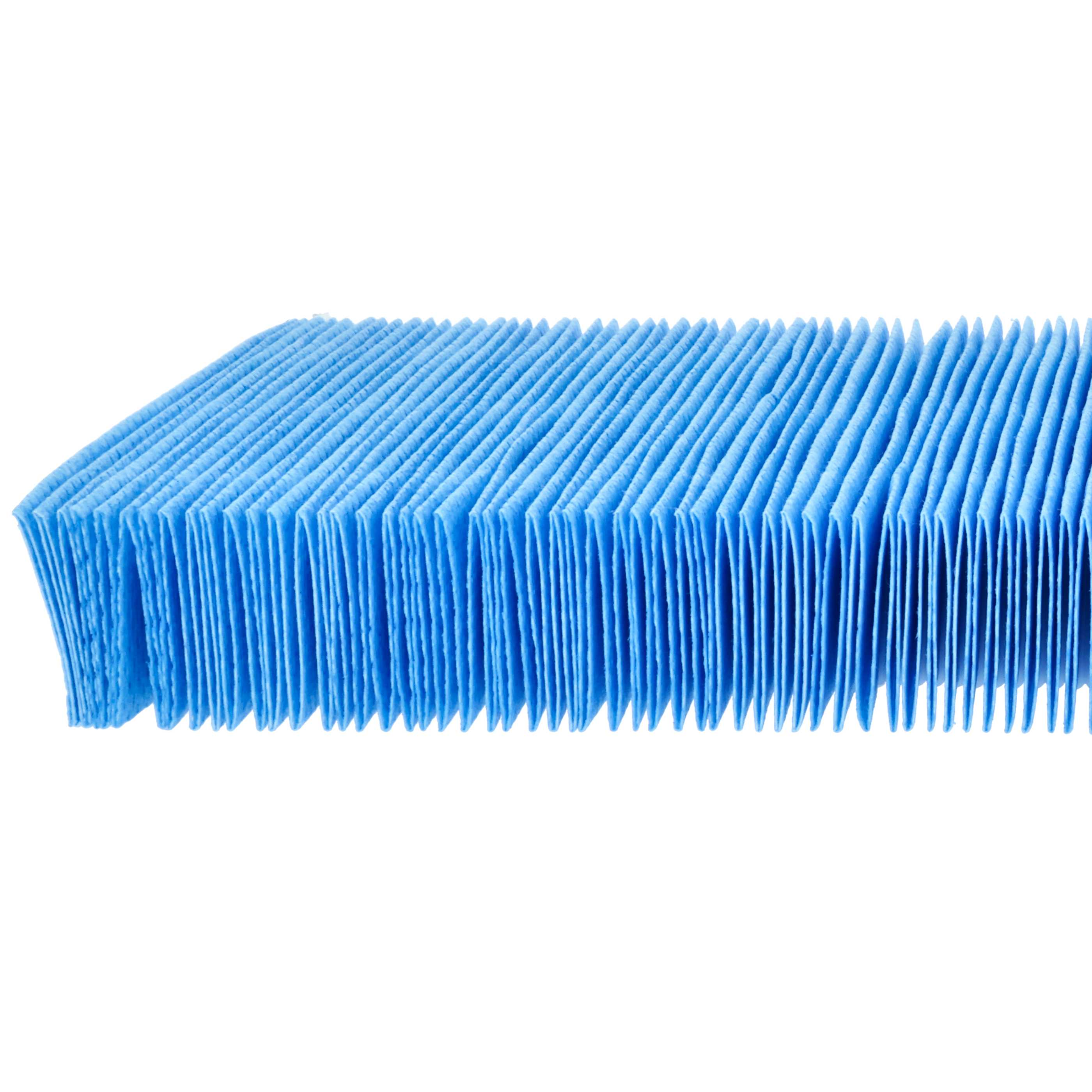 Nahaufnahme eines blauen, plissierten Filters vor weißem Hintergrund. Die Textur ist gut sichtbar.