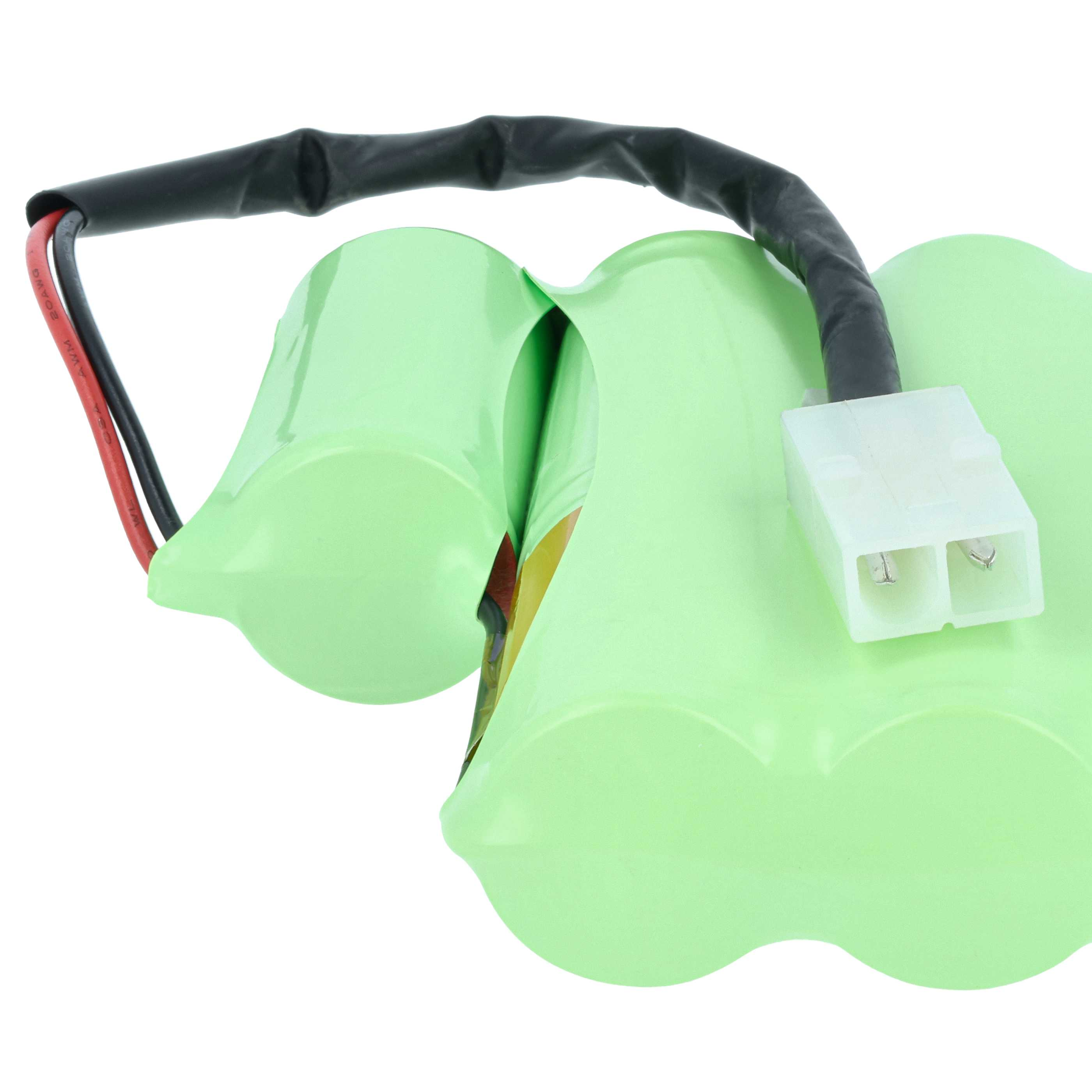 Ein grünes Akkupack mit einem schwarzen Draht und einem weißen Stecker. Rote und schwarze Drähte sind sichtbar.