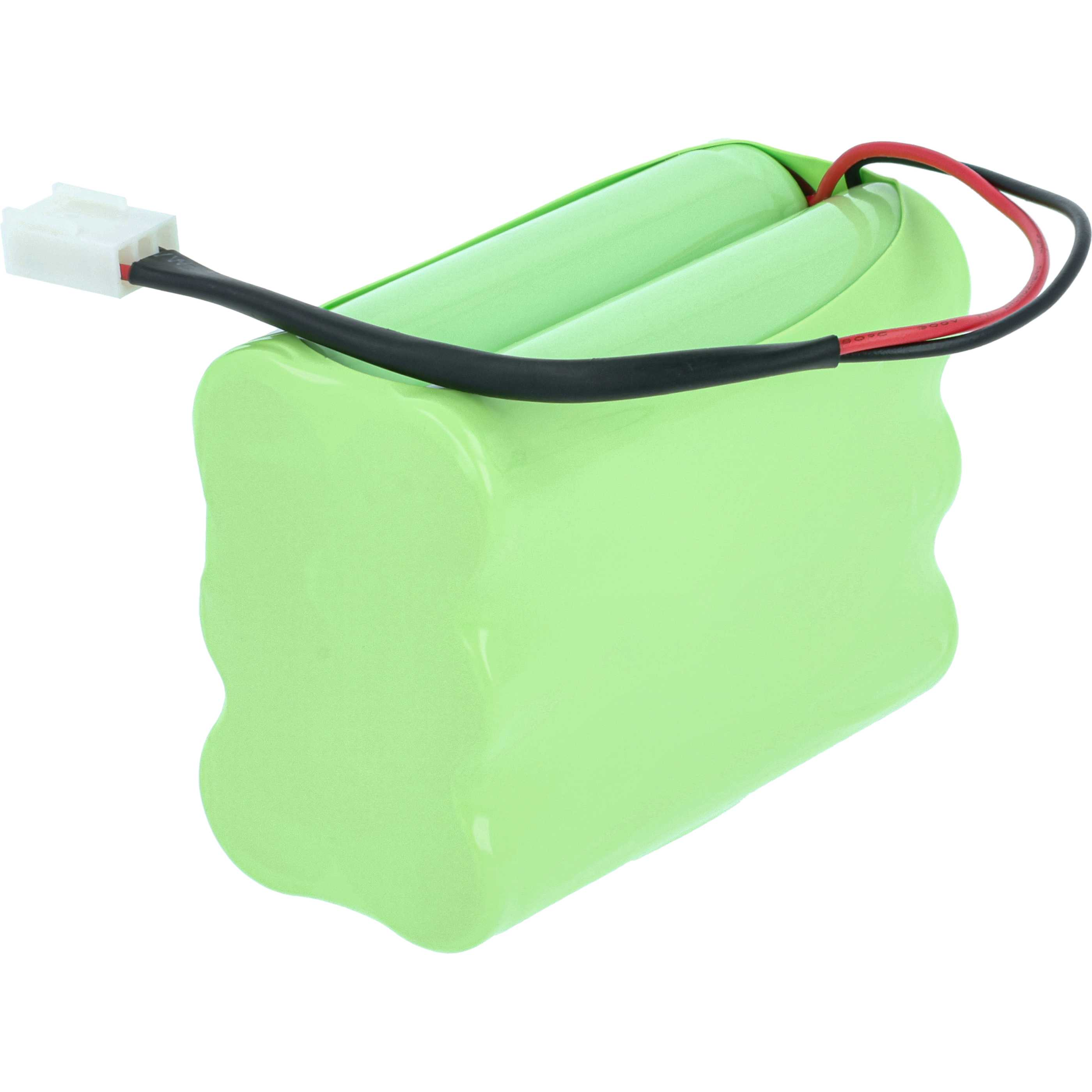 Ein hellgrünes Akkupack mit zwei zylindrischen Zellen. Schwarze und rote Drähte und ein weißer Stecker.