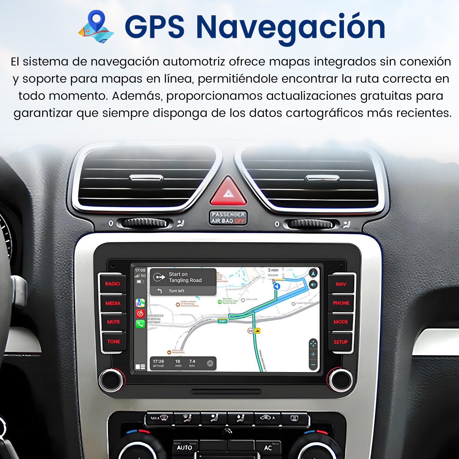 El sistema de navegación del coche muestra un mapa con indicaciones de ruta. La pantalla muestra un mapa de calles y rutas.