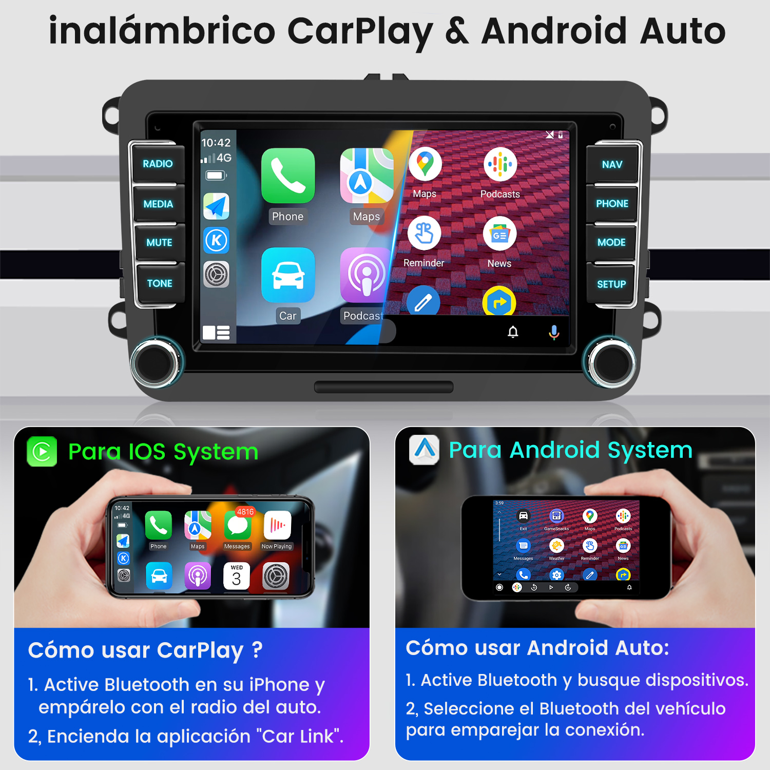 Pantalla de radio de coche con apps y dos pantallas de teléfono. Instrucciones para CarPlay y Android Auto debajo de las pantallas.