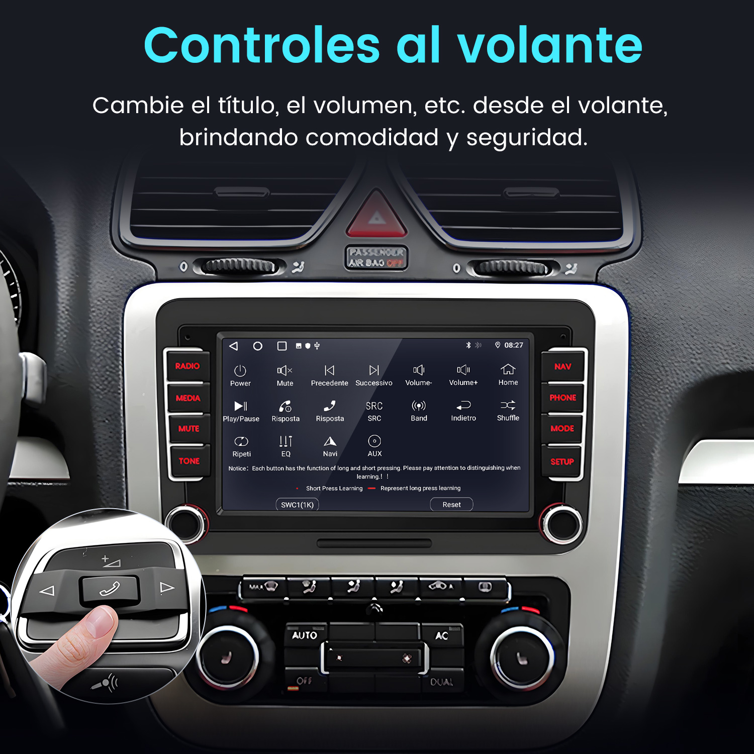 Panel de control del coche con pantalla central y botones. Mano pulsando botón con icono de teléfono. Texto: 'Controles al volante'.