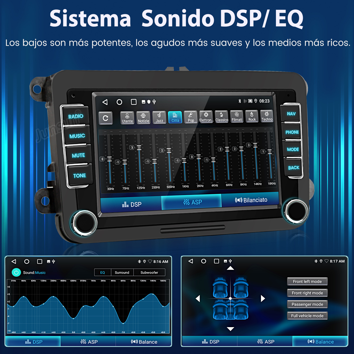 Interfaz del sistema de audio del coche. Muestra controles de radio, ajustes de ecualización y opciones de balance de altavoces.
