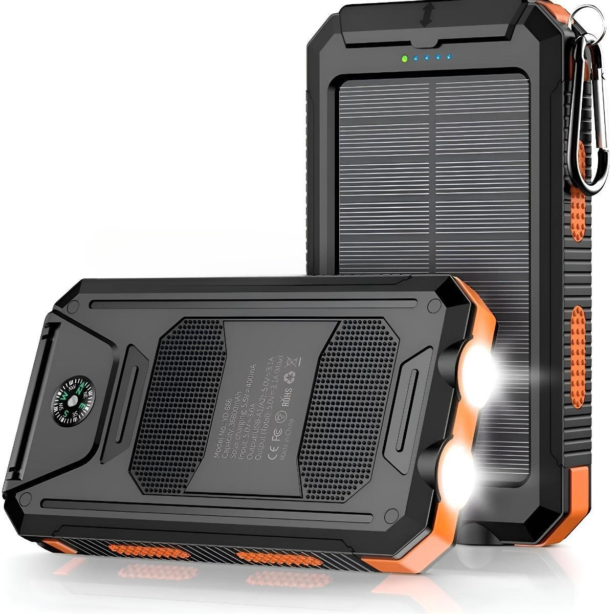 Schwarzes und oranges Solar-Ladegerät mit LED-Leuchten und Kompass. Ein Gerät steht aufrecht, das andere liegt horizontal.