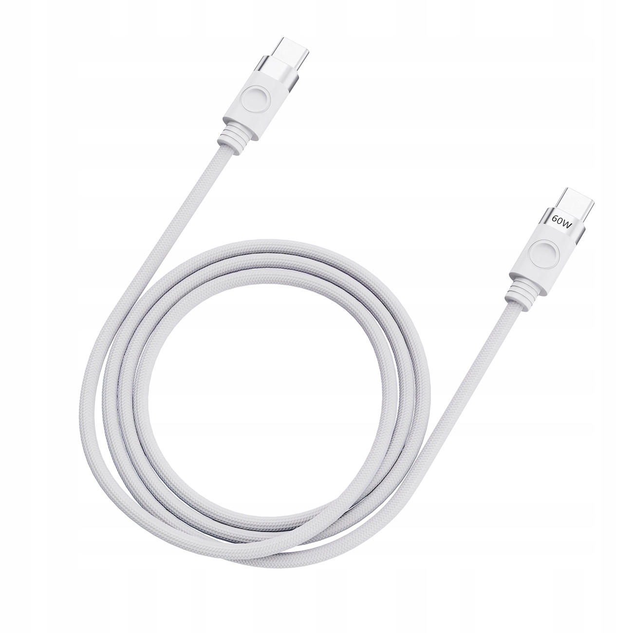 Ein weißes USB-C-Ladekabel, aufgerollt mit Steckern an beiden Enden. Ein Ende hat die Aufschrift 60W.