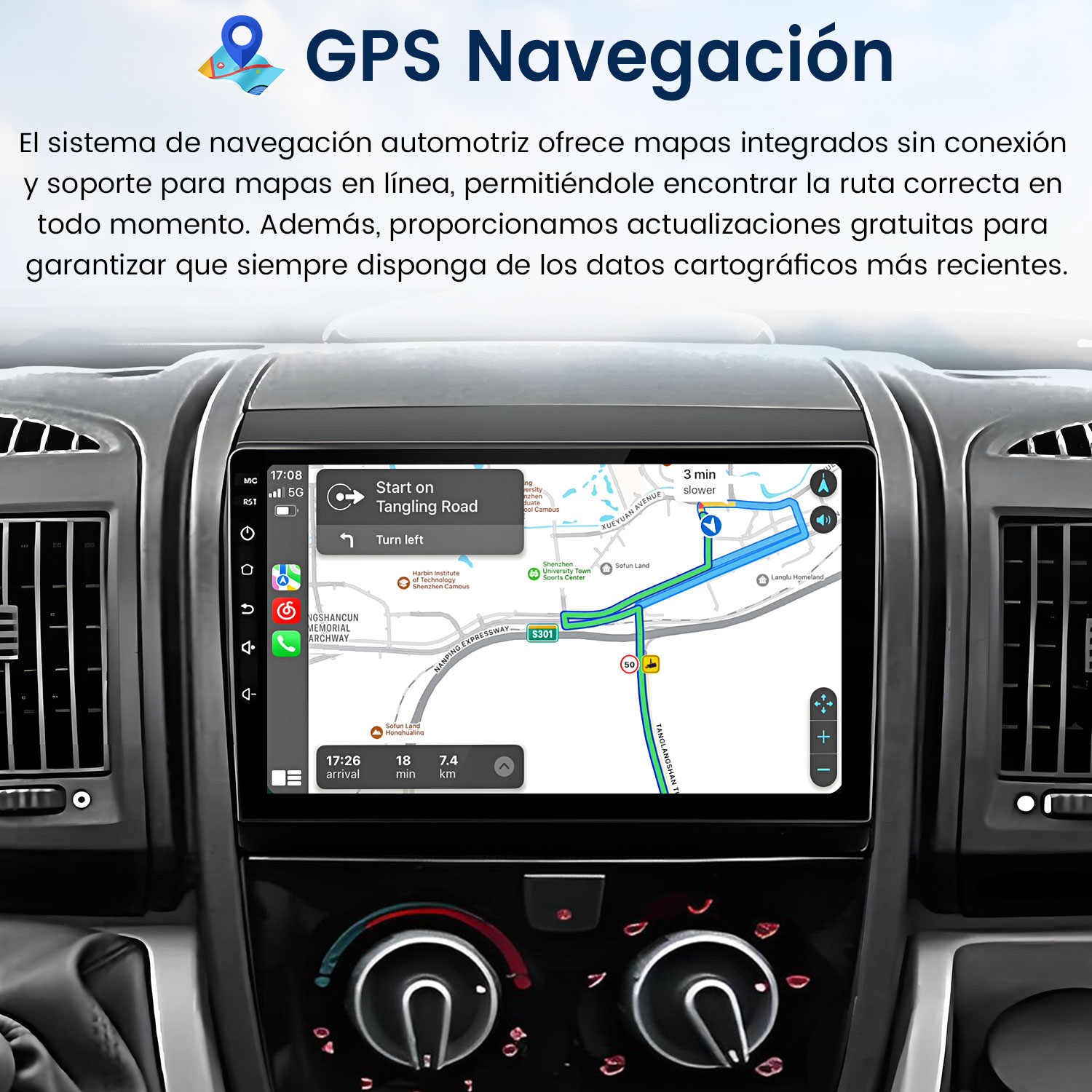 Sistema de navegación GPS del coche que muestra una ruta en un mapa. El salpicadero y los controles del coche son visibles.