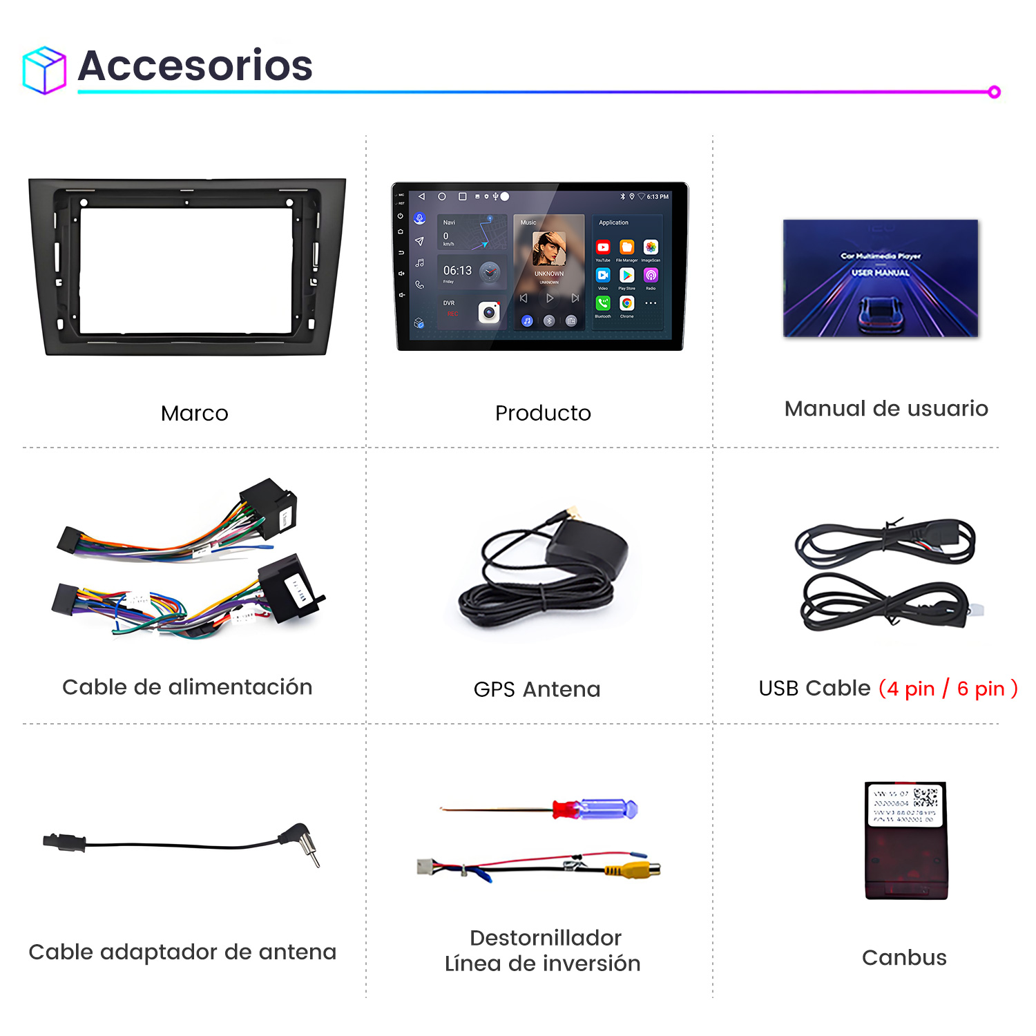 Imagen muestra accesorios de coche: un marco, una pantalla de producto, un manual de usuario, cables, antena GPS, cable USB, adaptador de antena, destornillador y Canbus.