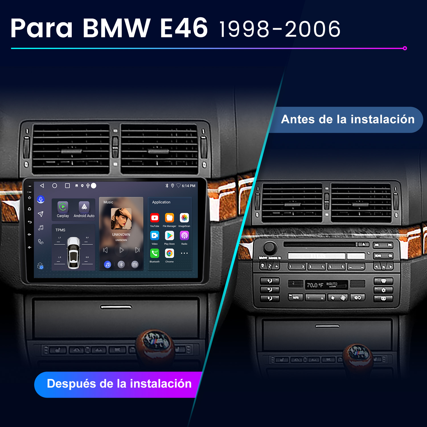Comparación del salpicadero del coche: Radio antigua a la derecha, nueva pantalla Android a la izquierda, mostrando música y aplicaciones. Texto dice 'Para BMW E46'.