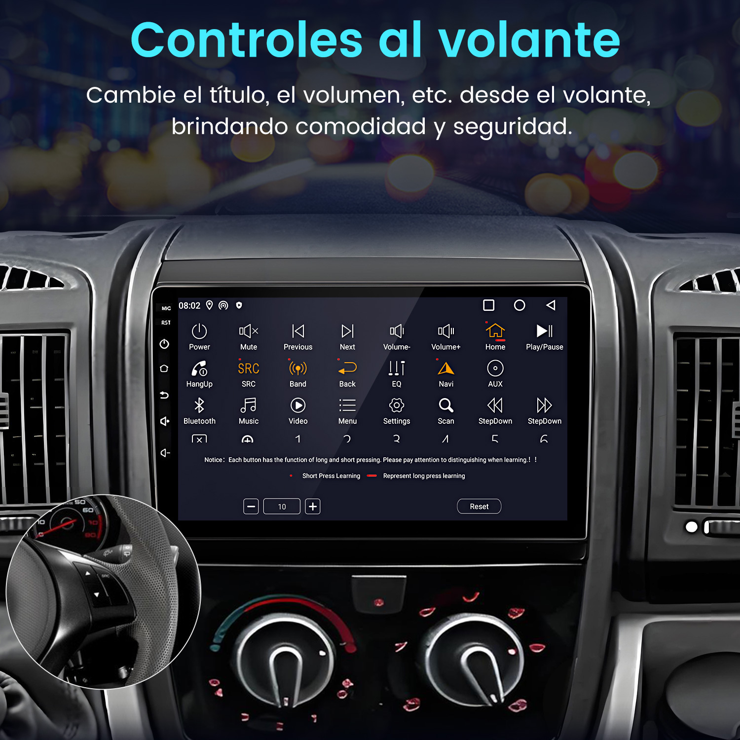Panel del coche con pantalla táctil. Texto "Controles al volante" y controles del coche. Volante, botones y pantalla con controles multimedia.
