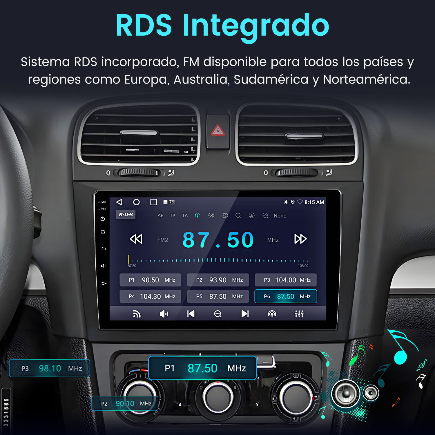 Pantalla de radio del coche mostrando 87.50 MHz. El interior del coche es visible, con botones y rejillas de ventilación. El texto dice RDS Integrado.