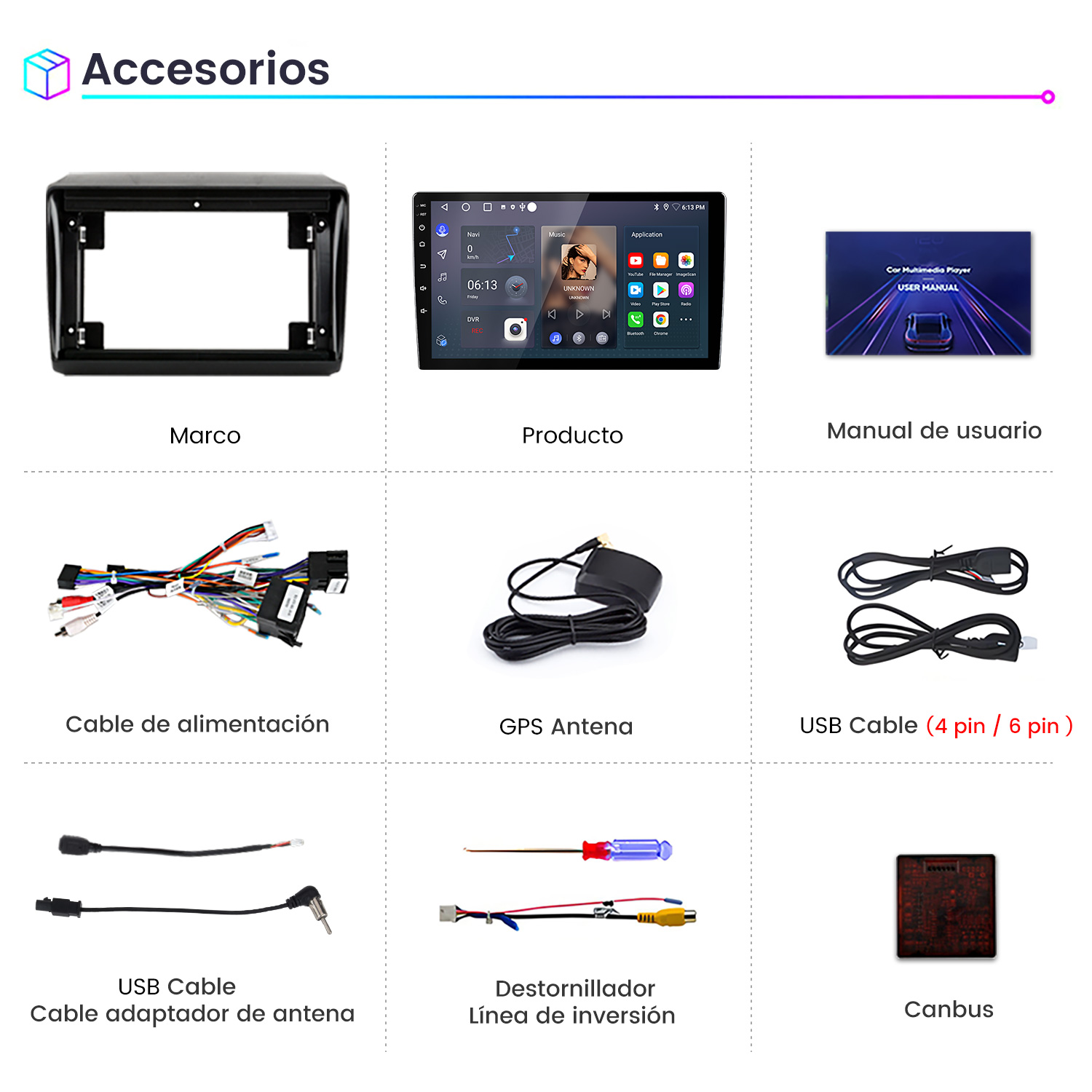 La imagen muestra accesorios para automóviles: marco negro, reproductor multimedia para automóvil, manual del usuario, cable de alimentación, antena GPS, cable USB y más.